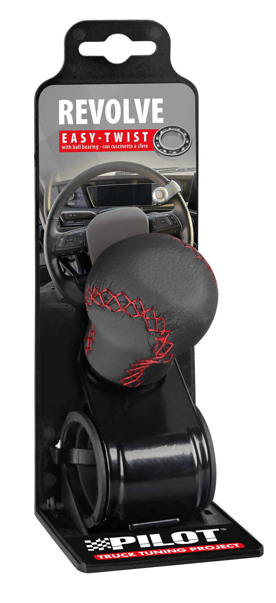 Revolve, pomello volante in pelle con cuciture rosse, staffa nera