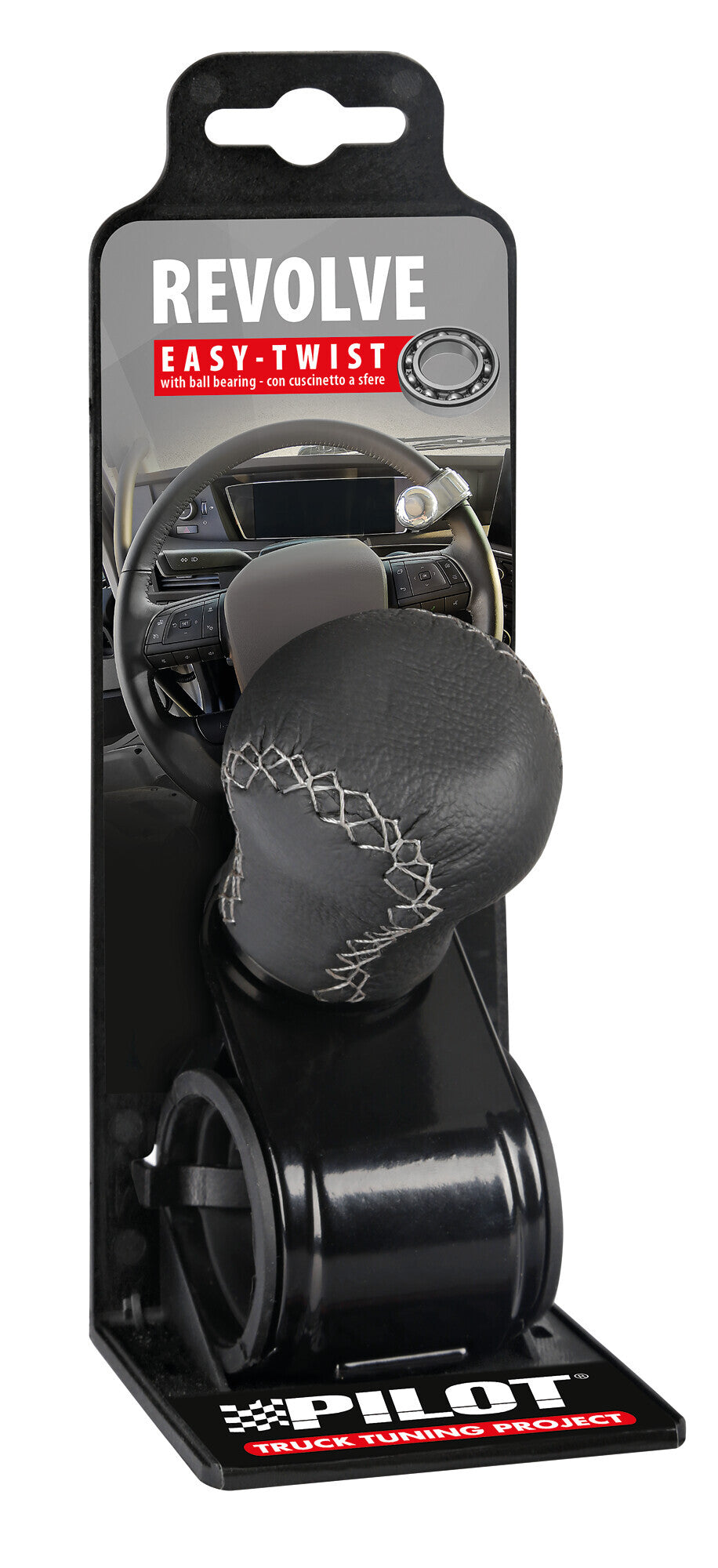 Revolve, pomello volante in pelle con cuciture silver, staffa nera