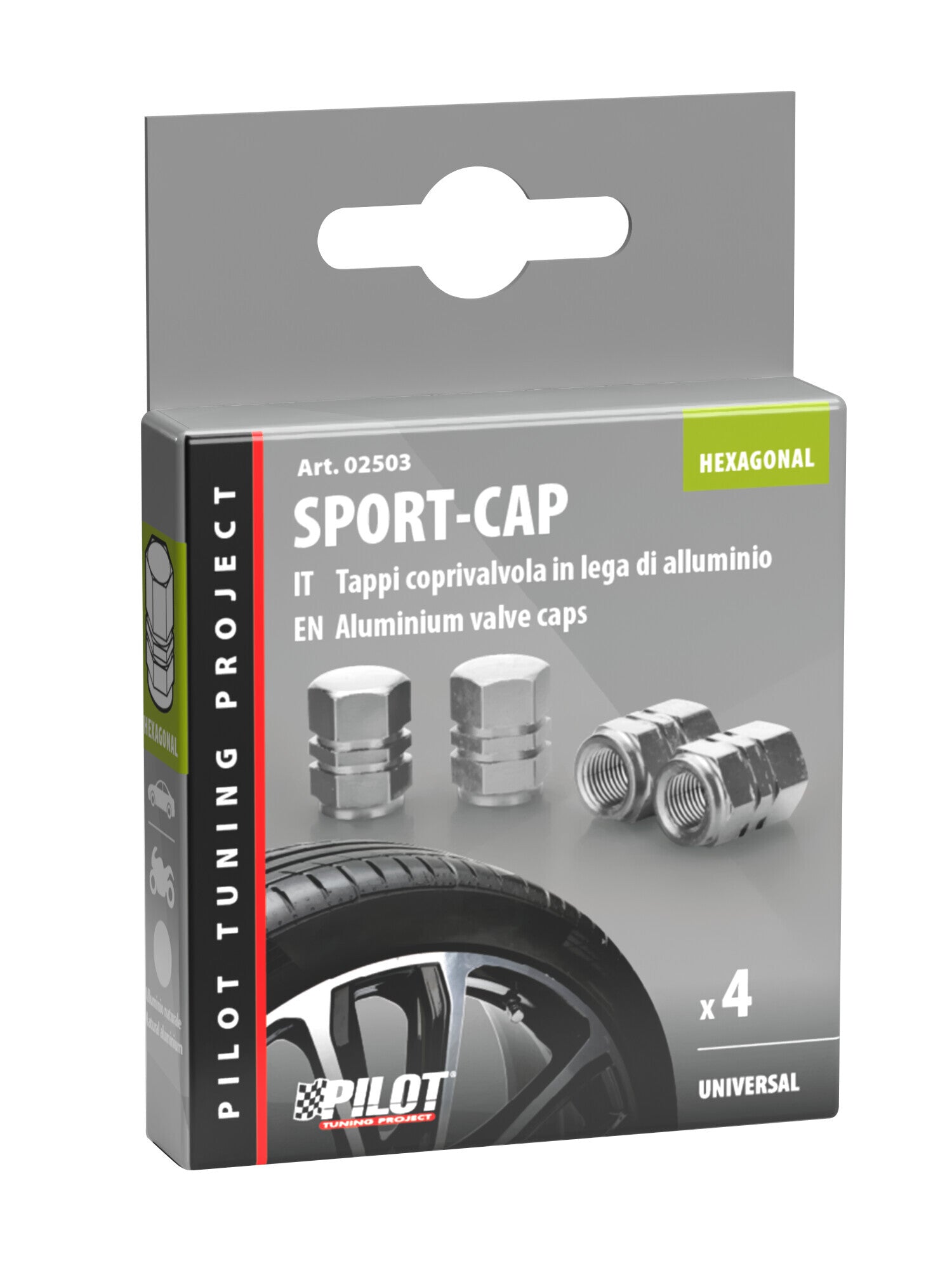 Sport-Cap Hexagonal, set 4 tappi coprivalvola - Alluminio