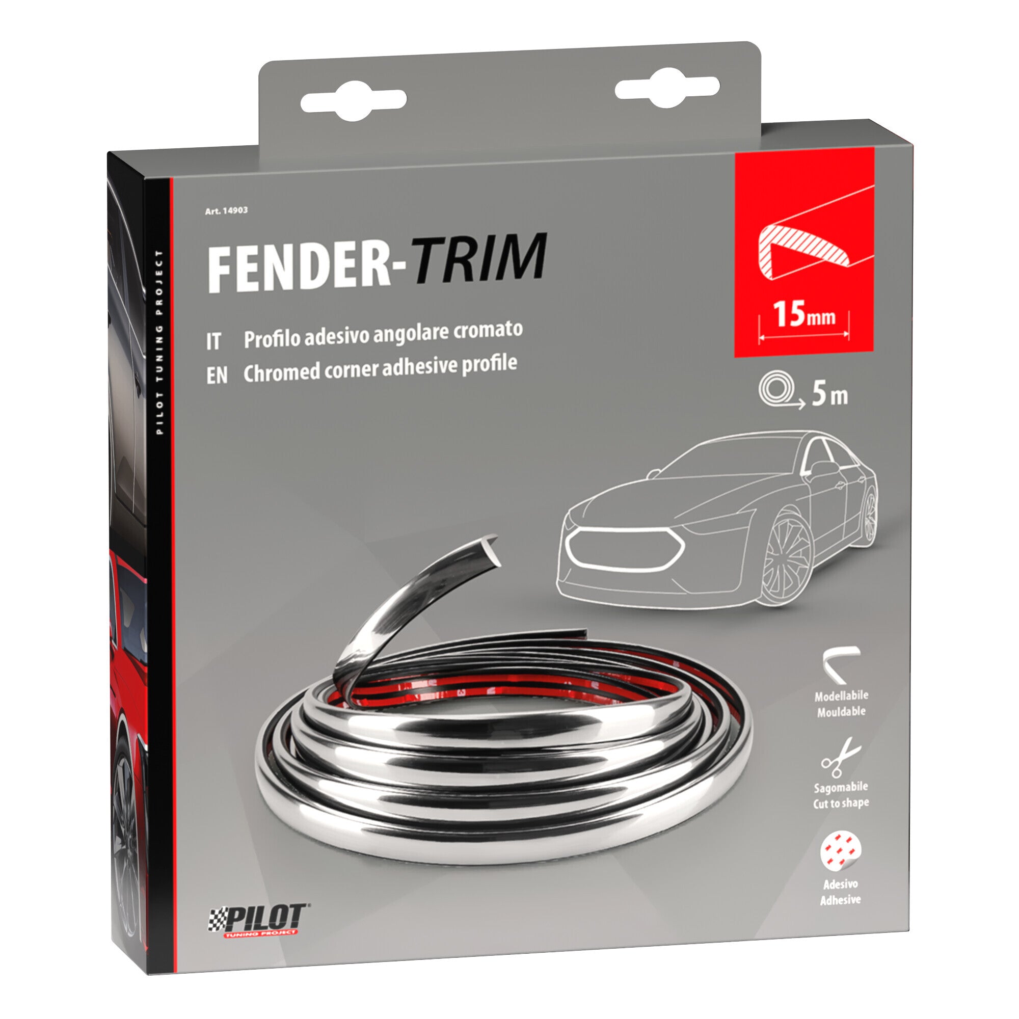 Fender-Trim, profilo adesivo angolare cromato - 5 m - 15 mm