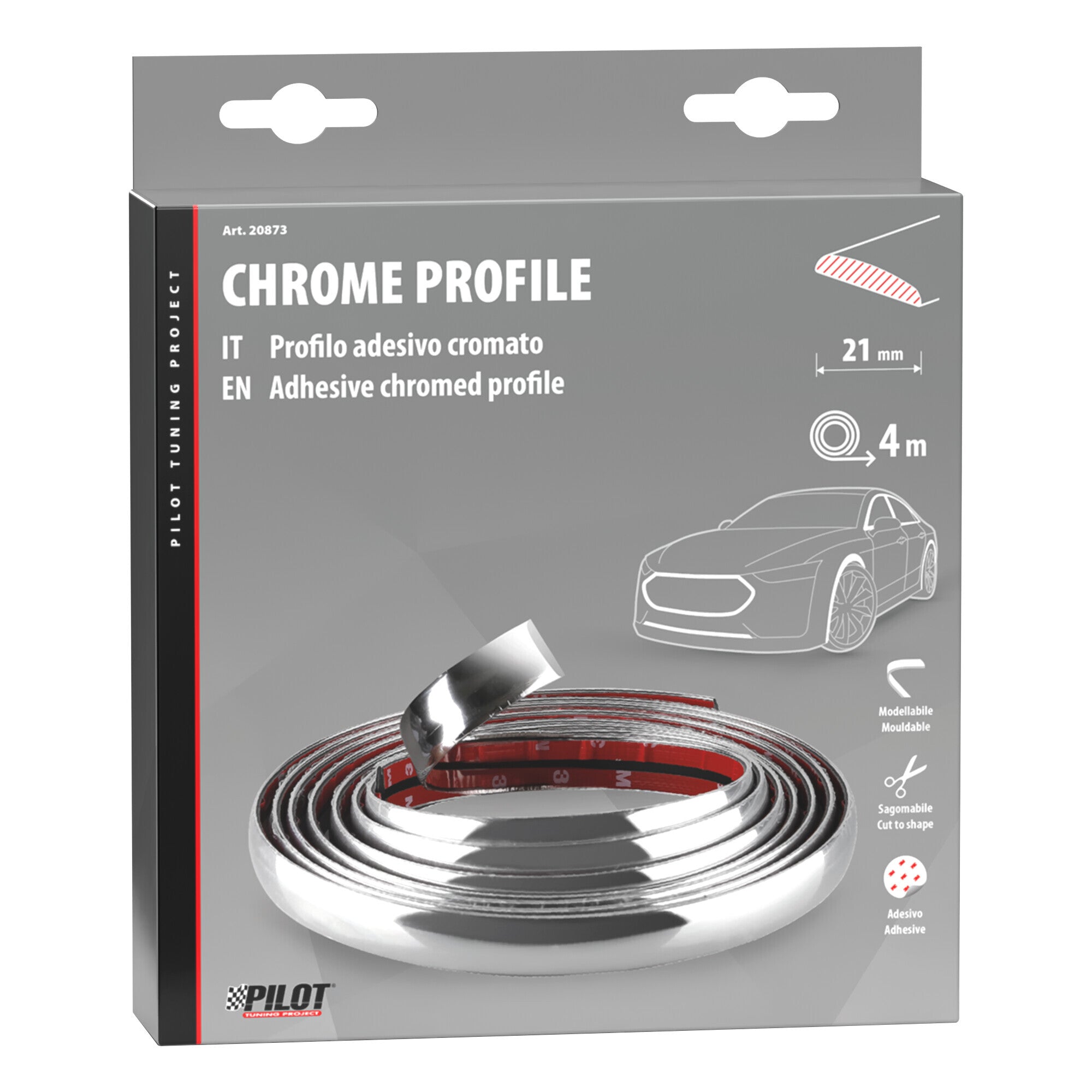 Profilo adesivo cromato - 4 m - 21 mm