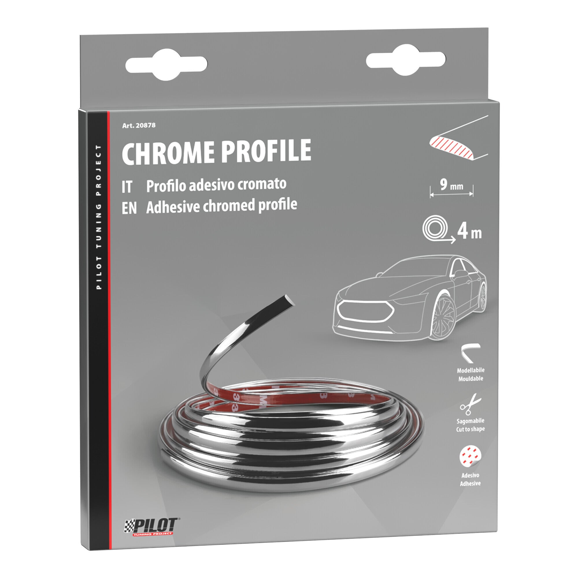 Profilo adesivo cromato - 4 m - 9 mm