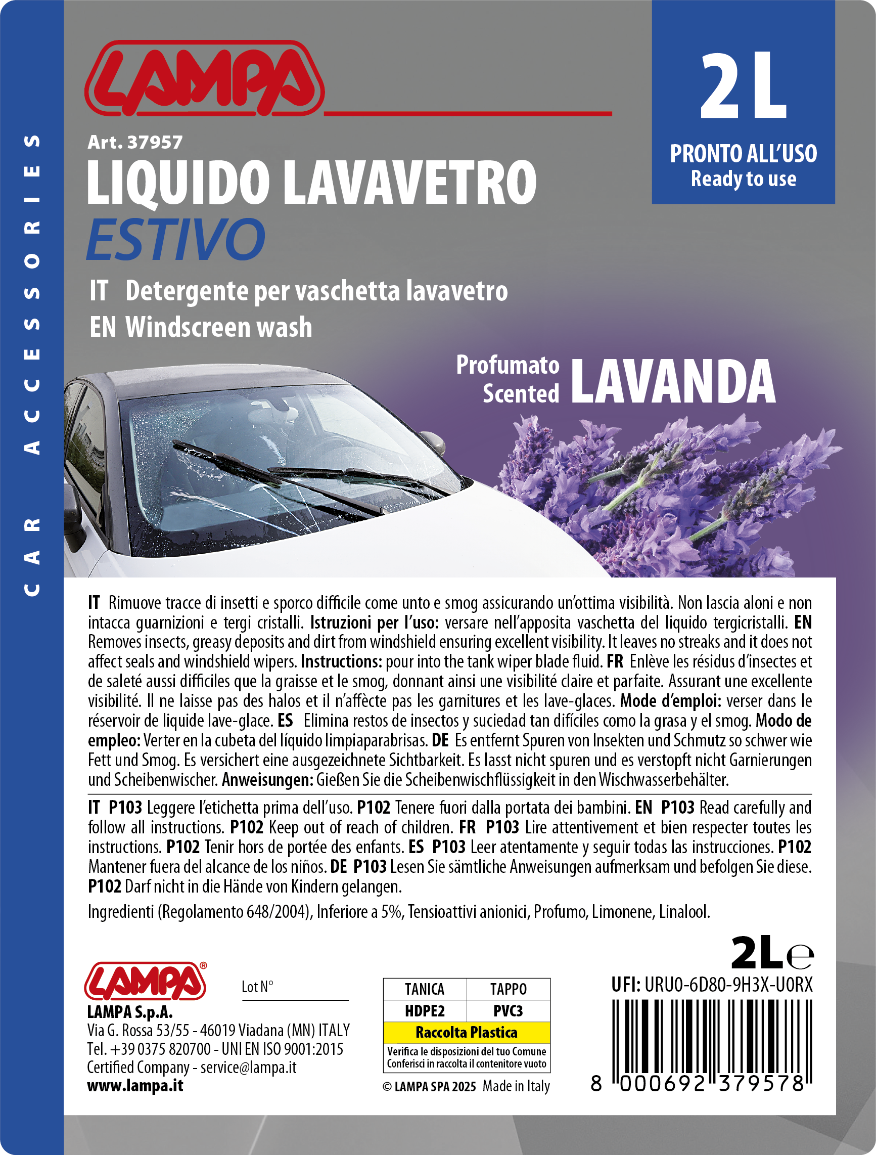 Liquido lavavetro estivo profumato, pronto all'uso - Lavanda - 2000 ml