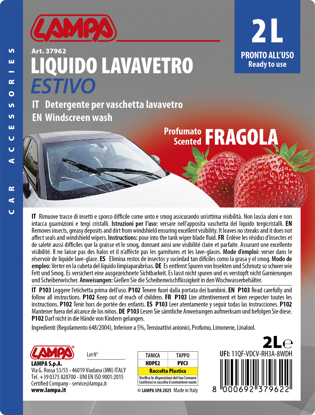 Liquido lavavetro estivo profumato, pronto all'uso - Fragola - 2000 ml