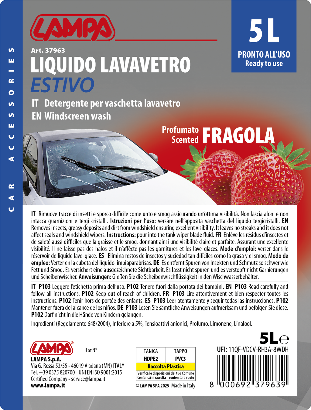 Liquido lavavetro estivo profumato, pronto all'uso - Fragola - 5000 ml