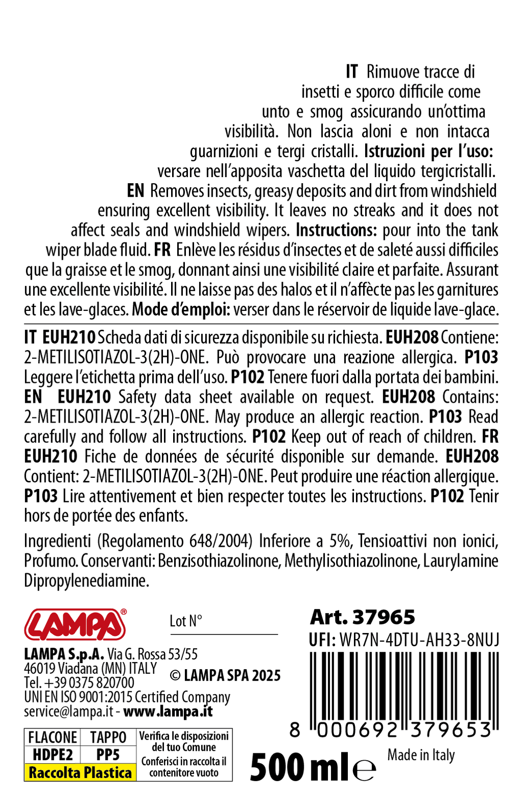Liquido lavavetro estivo profumato, pronto all'uso - Mela Verde - 500 ml