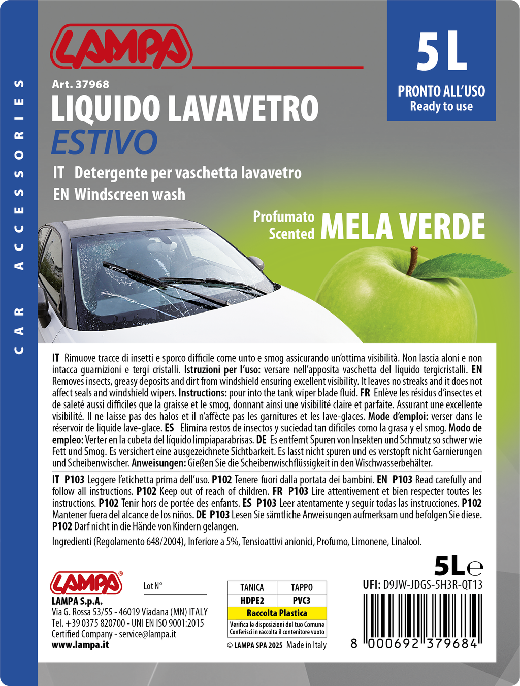 Liquido lavavetro estivo profumato, pronto all'uso - Mela Verde - 5000 ml