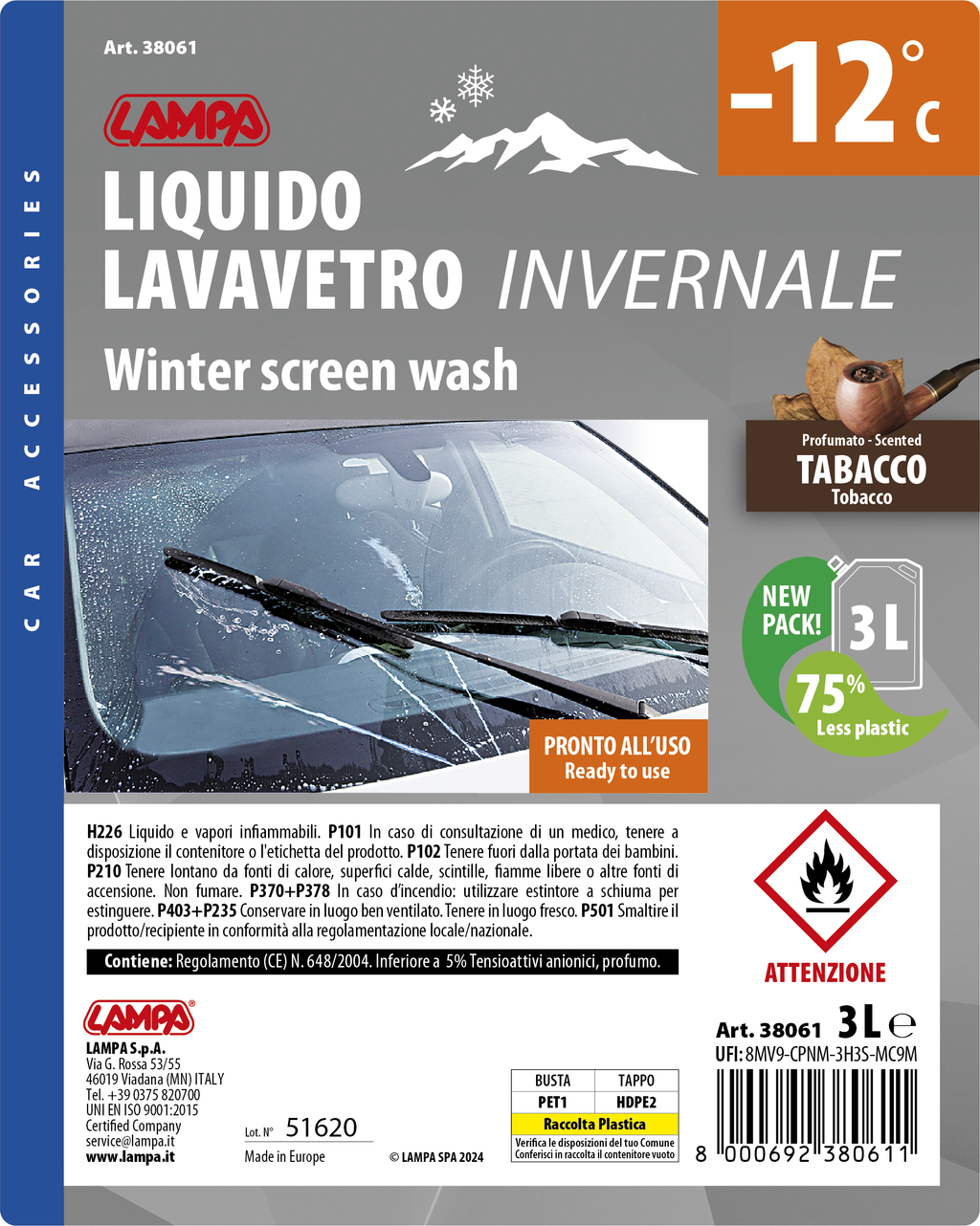 Liquido lavavetro invernale, pronto all'uso (-12°C) - 3000 ml - Tabacco