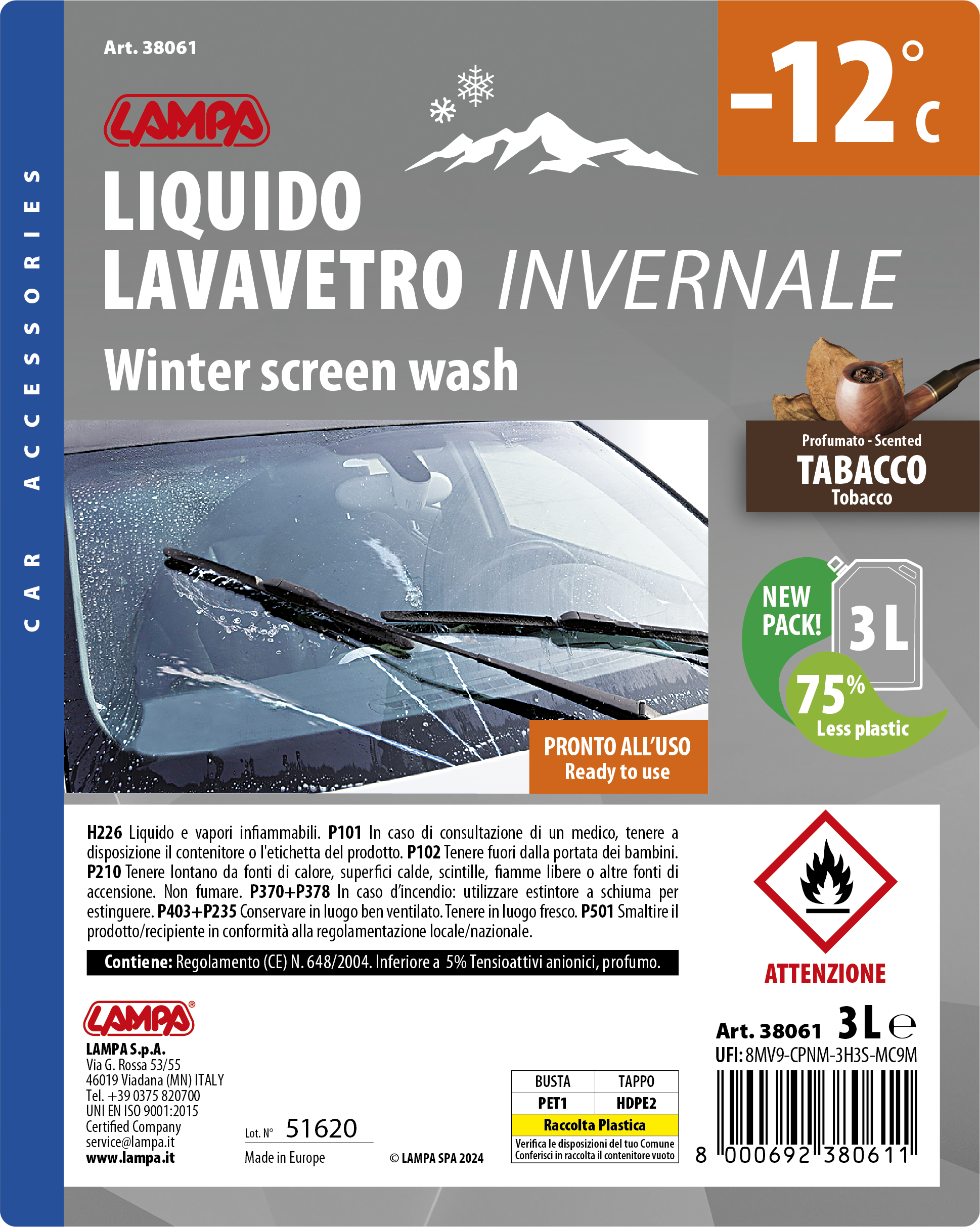 Liquido lavavetro invernale, pronto all'uso (-12°C) - 3000 ml - Tabacco