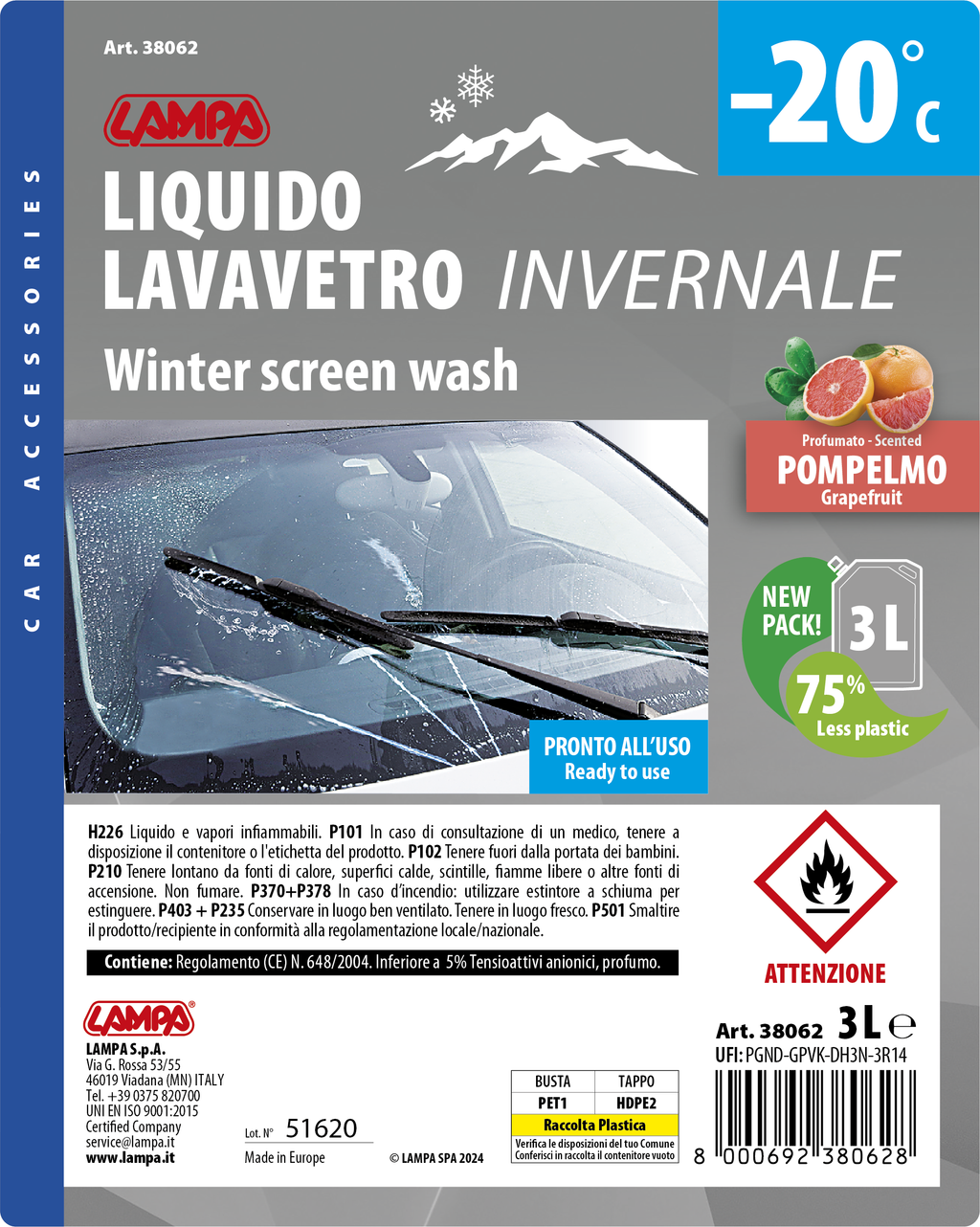 Liquido lavavetro invernale, pronto all'uso (-20°C) - 3000 ml - Pompelmo