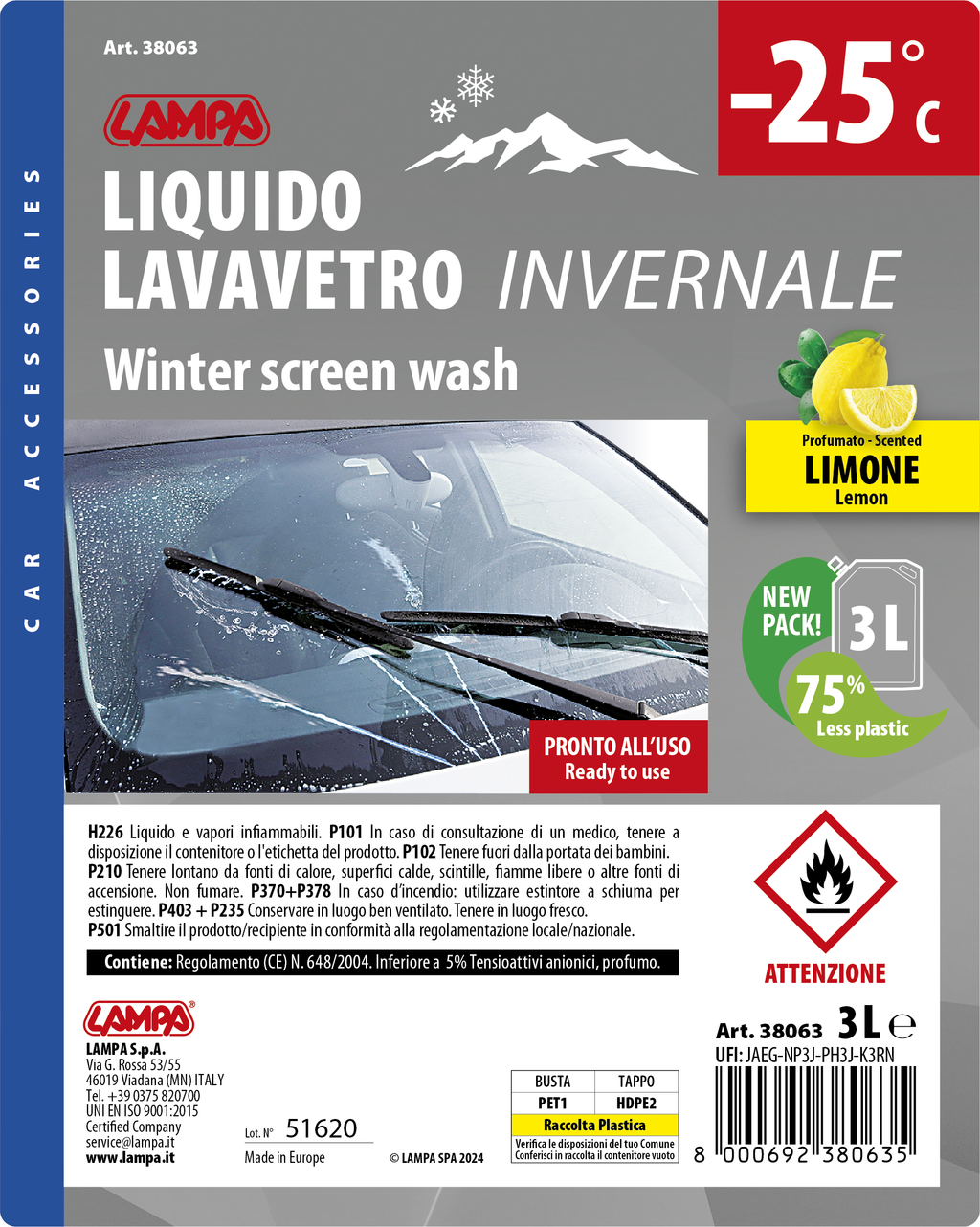 Liquido lavavetro invernale, pronto all'uso (-25°C) - 3000 ml - Limone