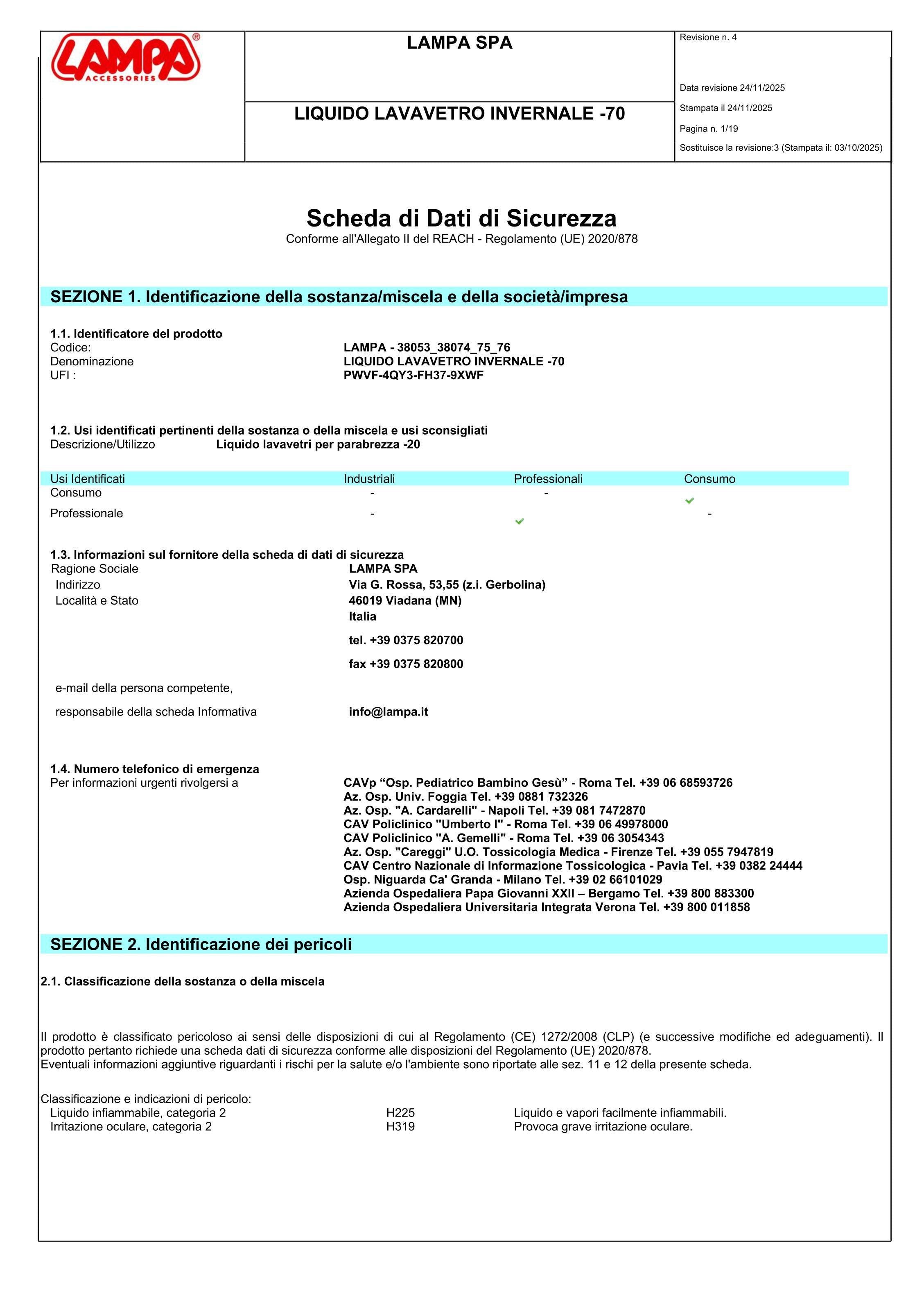Liquido lavavetro invernale, concentrato (-70°C) - 2000 ml