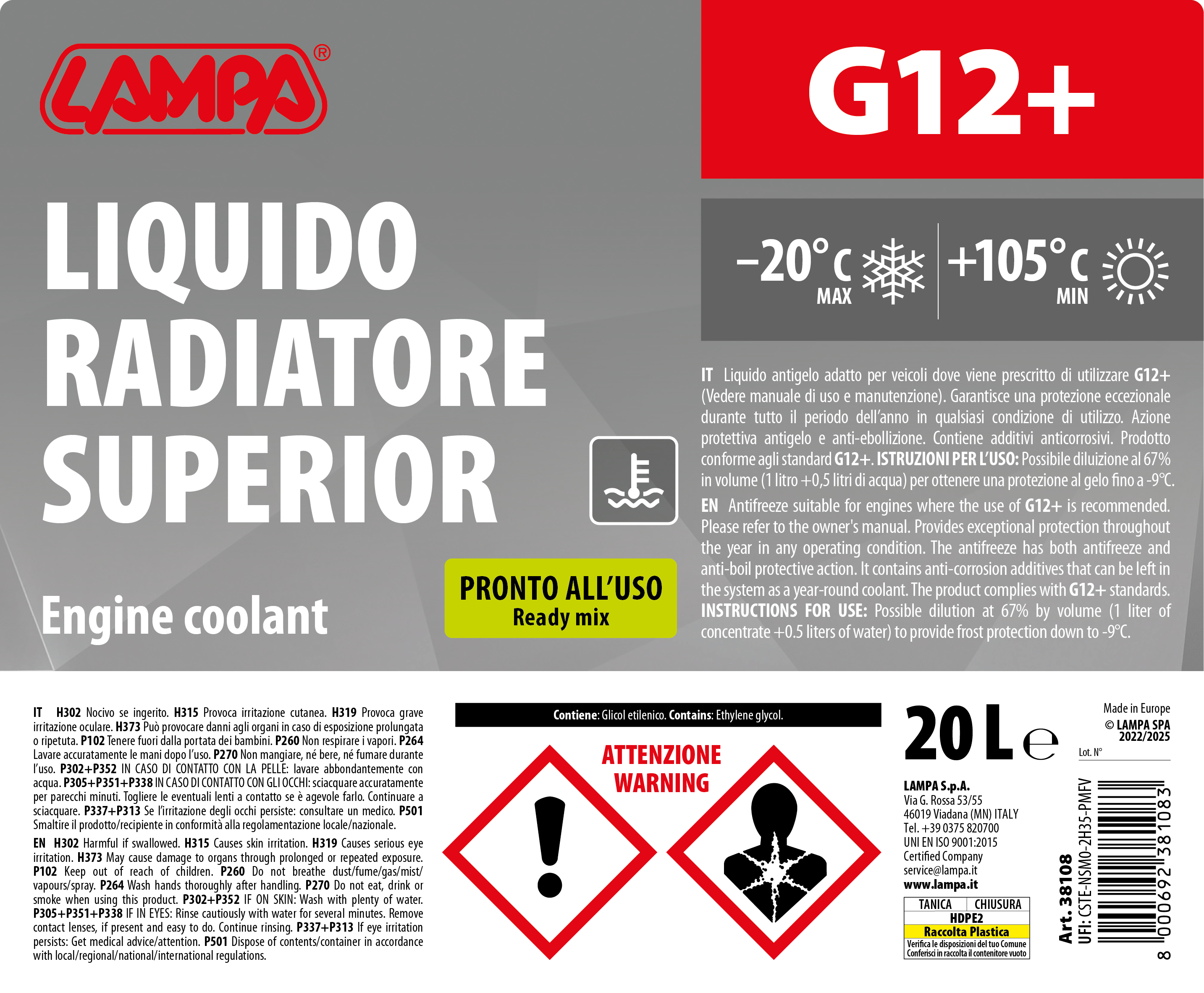 Superior-Rosso G12+, liquido radiatore - (-20°C/+105°C) - 20 L