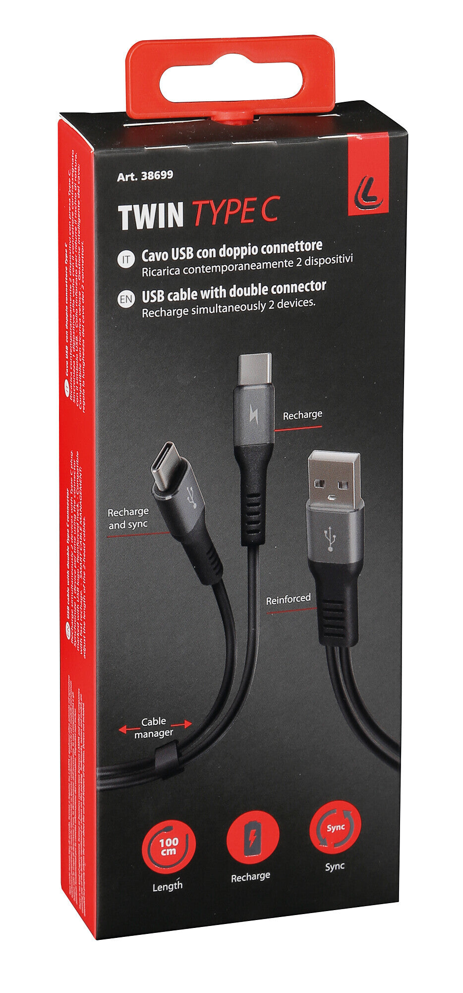 Cavo con doppio connettore, Usb > Type-C - 100 cm - Nero