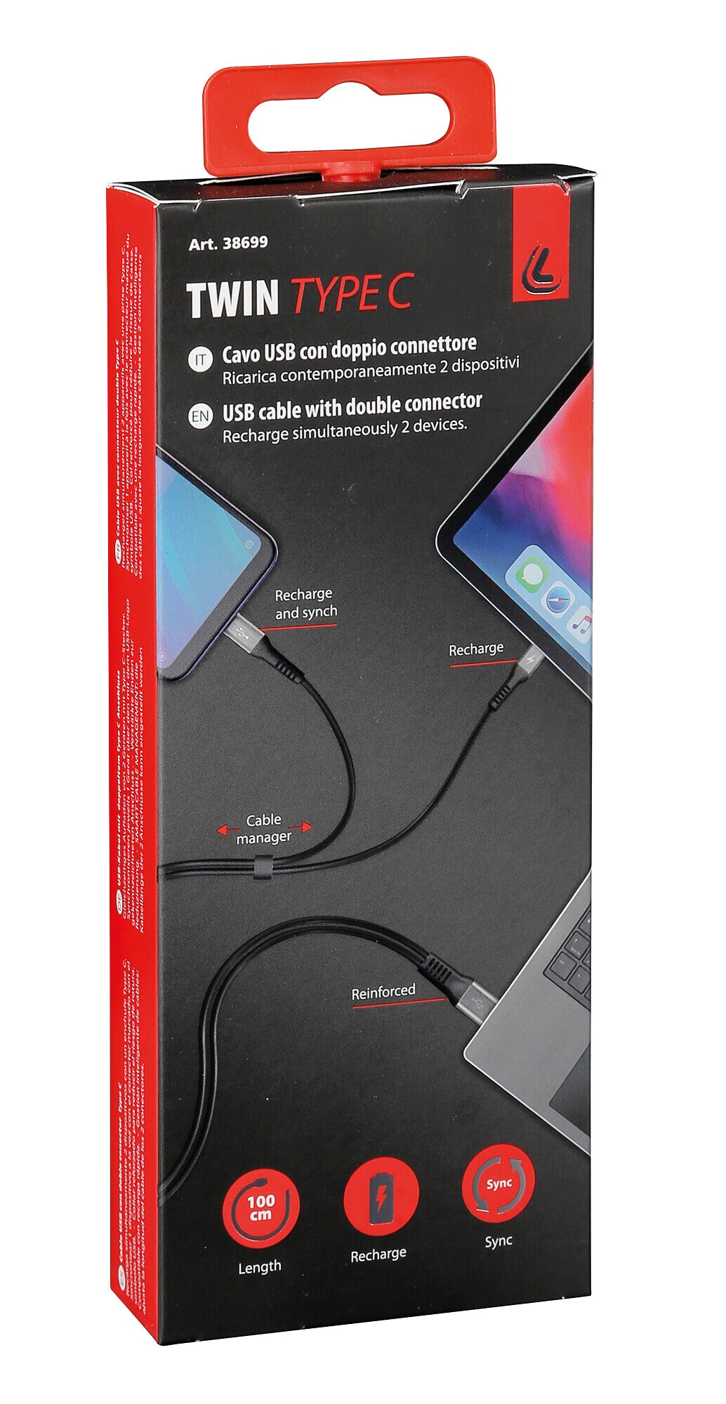 Cavo con doppio connettore, Usb > Type-C - 100 cm - Nero