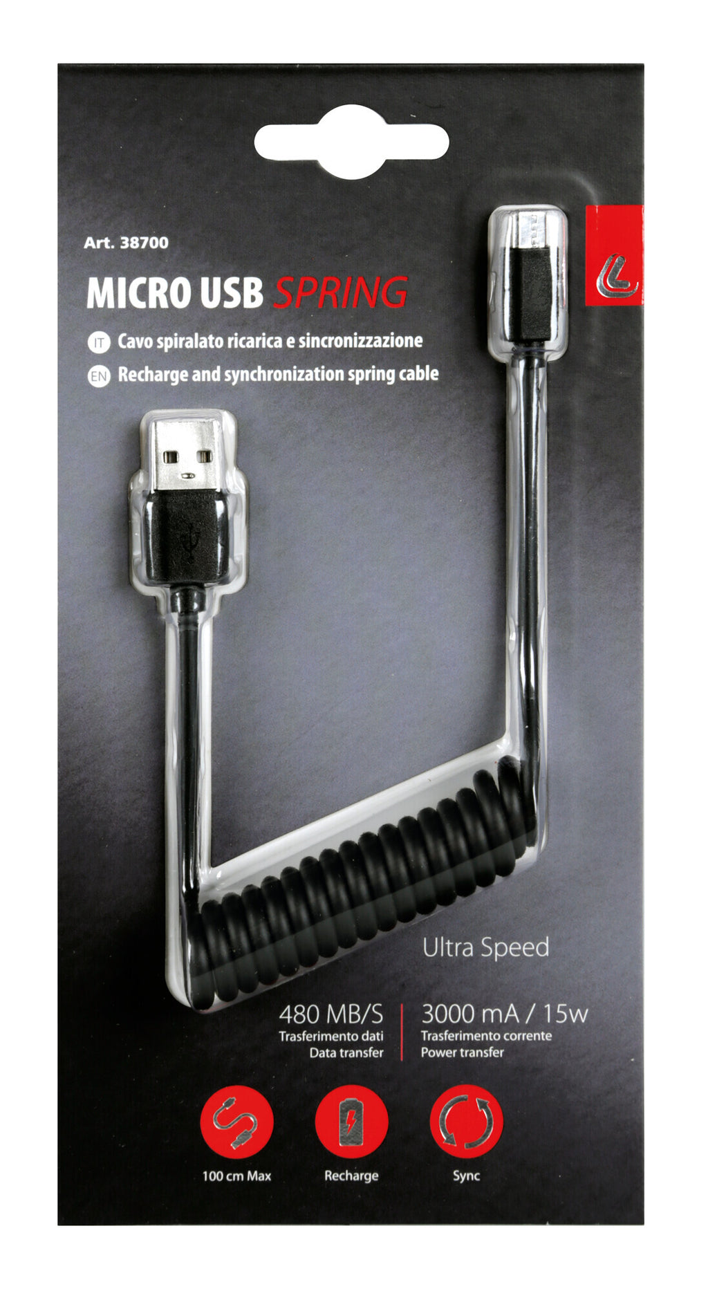 Cavo a spirale Usb > Micro Usb - 100 cm - Nero