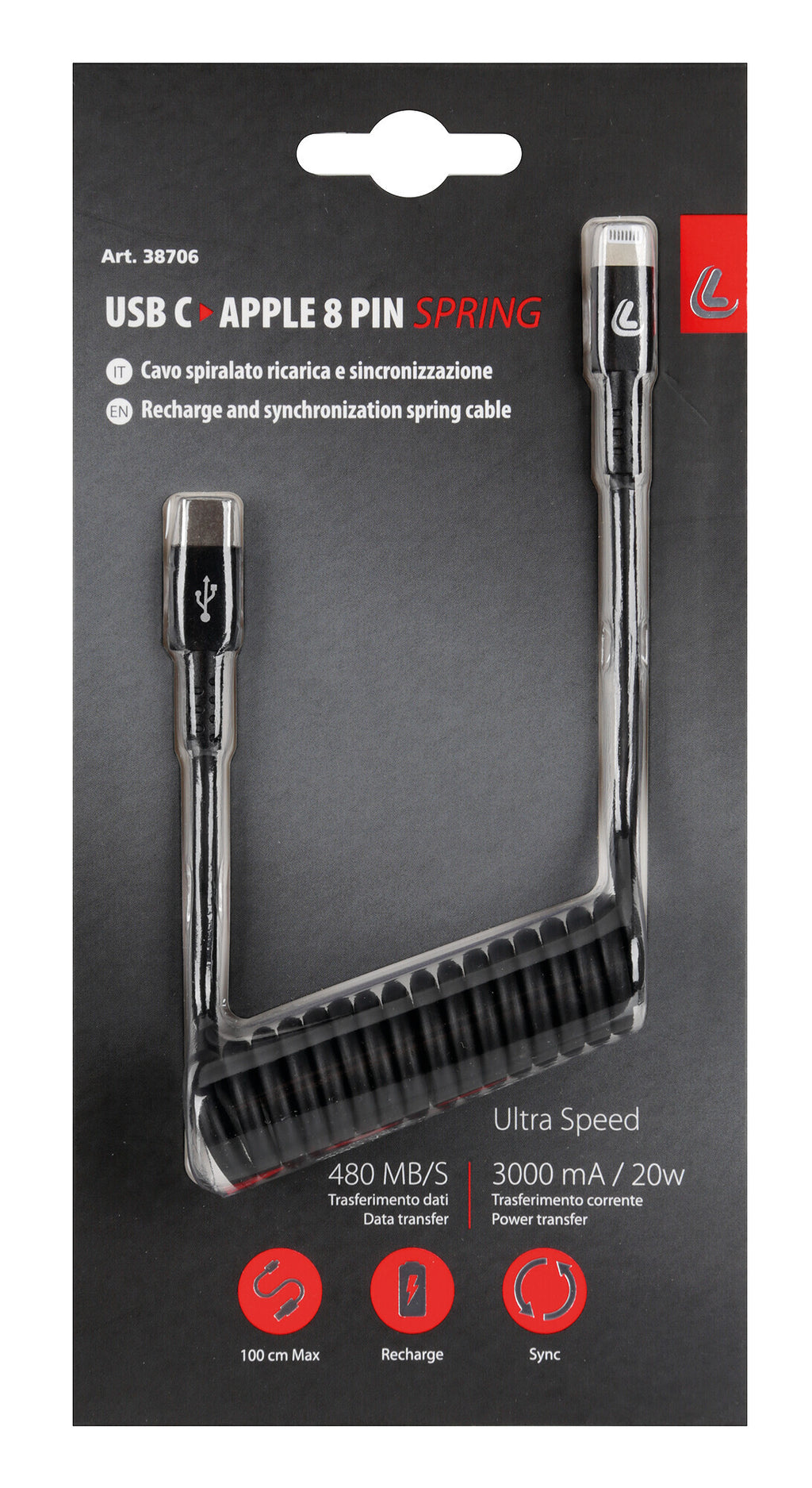 Cavo a spirale Usb Type-C > Apple 8 Pin - 100 cm - Nero