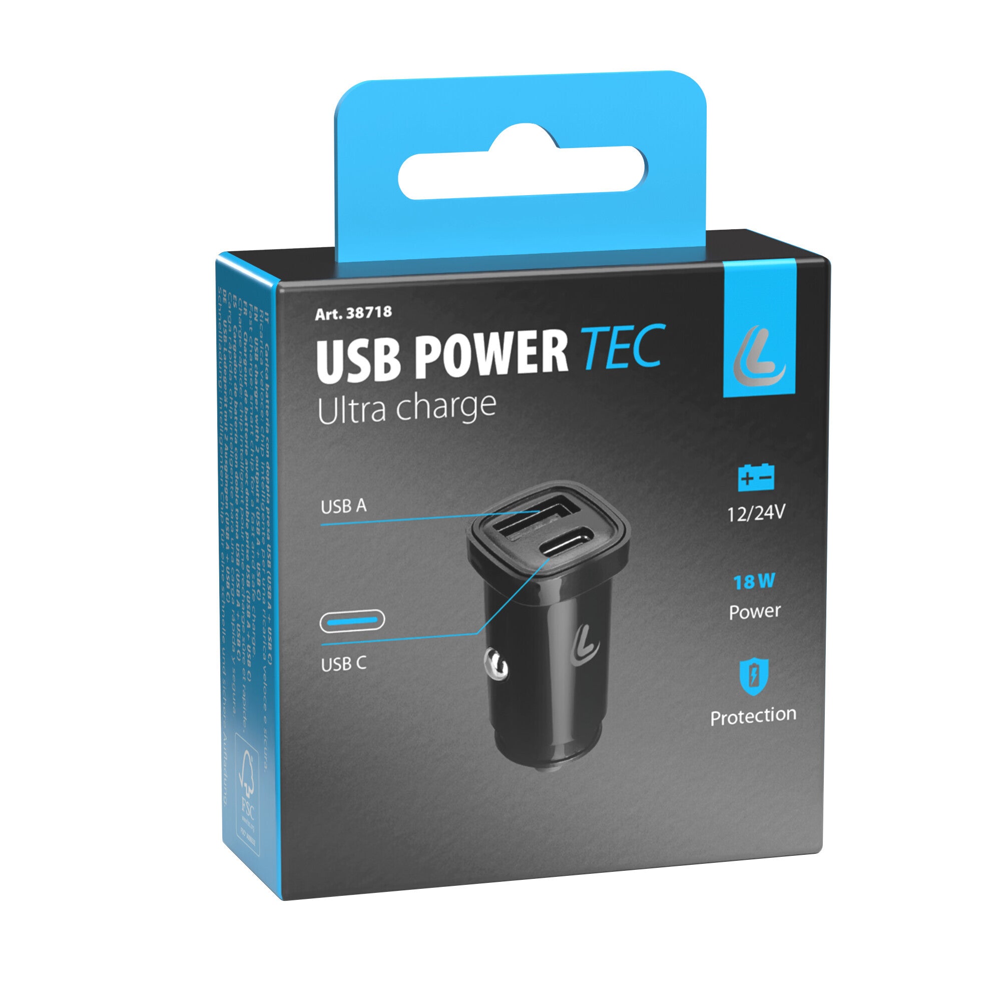Usb Power Tec, caricabatteria 2 porte Usb - PD / QC 3.0 - 18W - 12/24V