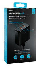 Multipower, caricabatteria da rete con 5 porte USB - PD / QC 3.0 - 60W - 100/230V