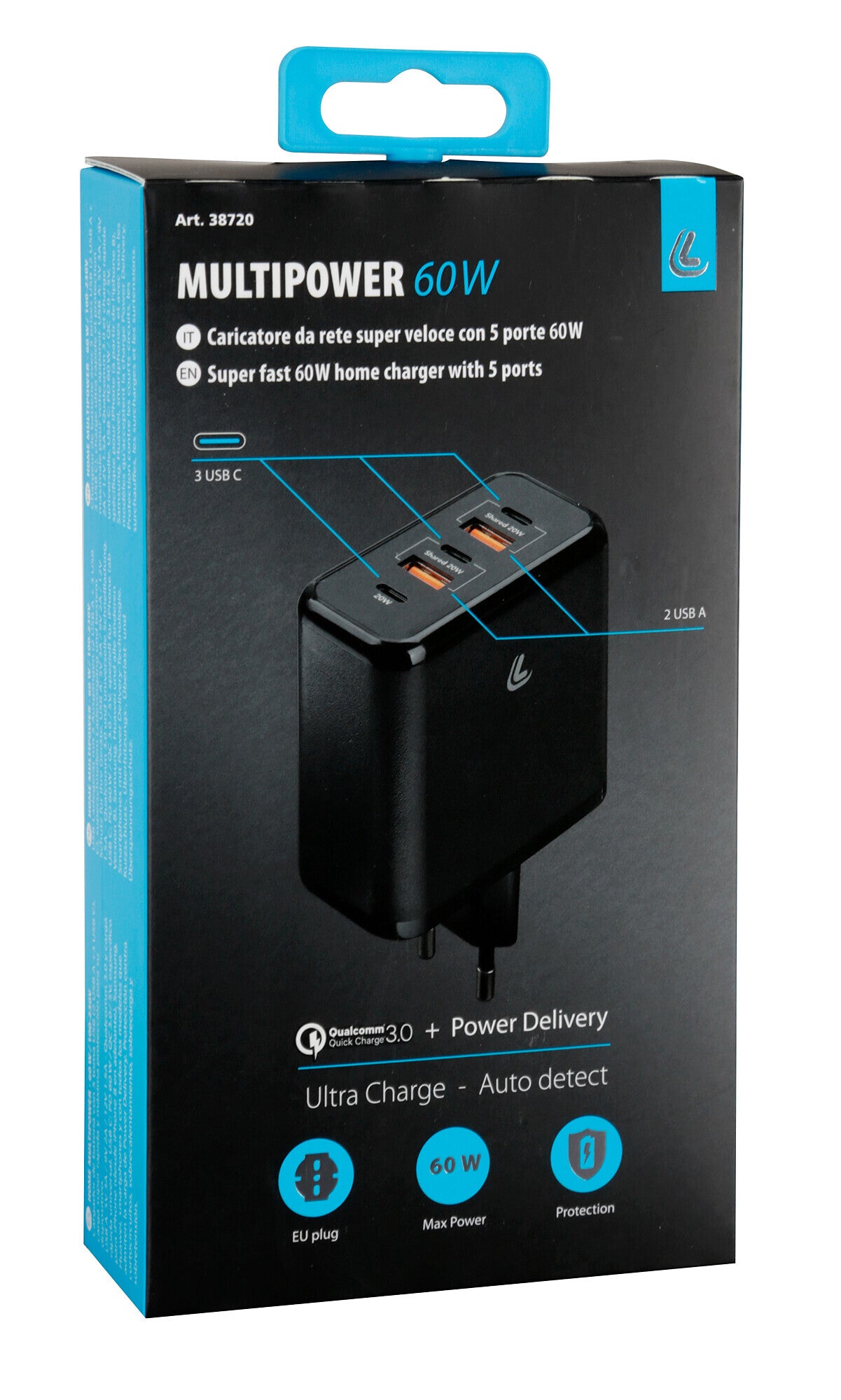 Multipower, caricabatteria da rete con 5 porte USB - PD / QC 3.0 - 60W - 100/230V