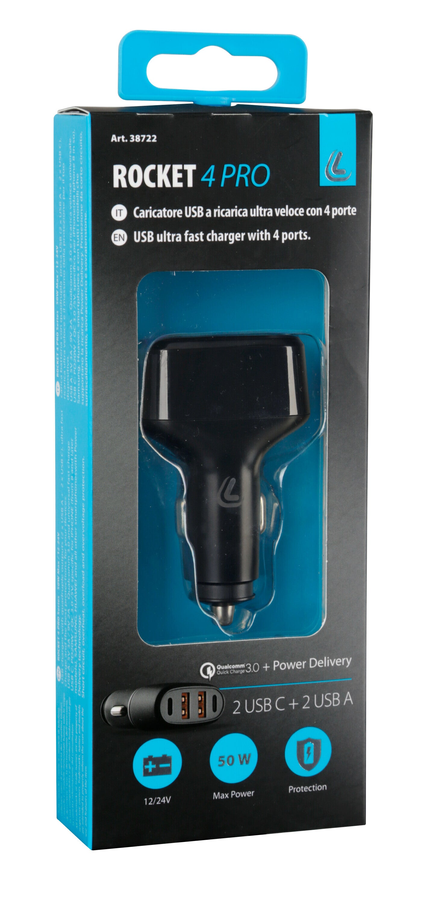 Rocket 4 Pro, caricabatteria 4 porte Usb - PD / QC 3.0 - 50W - 12/24V