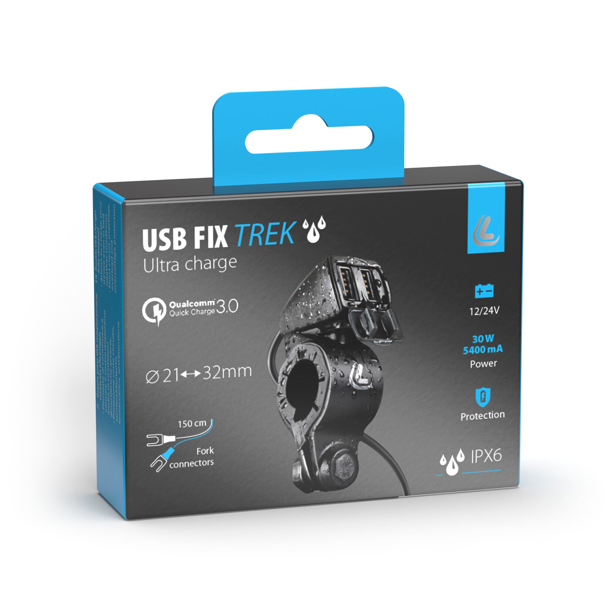 Usb-Fix Trek, doppio caricatore usb resistente all’acqua, fissaggio a manubrio - Ultra Fast Charge - 5400 mA - 12/24V