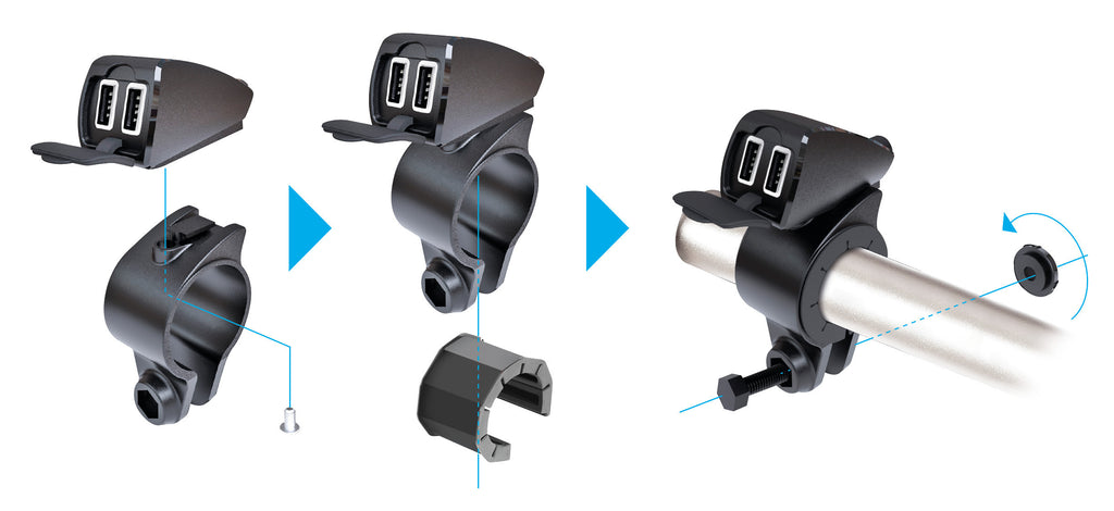 Usb-Fix Trek, doppio caricatore usb resistente all’acqua, fissaggio a manubrio - Ultra Fast Charge - 5400 mA - 12/24V