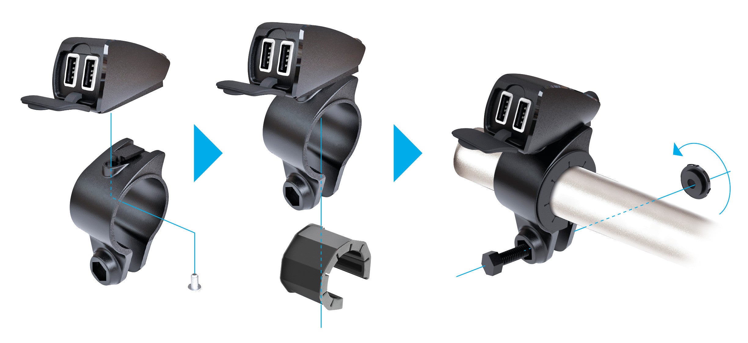 Usb-Fix Trek, doppio caricatore usb resistente all’acqua, fissaggio a manubrio - Ultra Fast Charge - 5400 mA - 12/24V