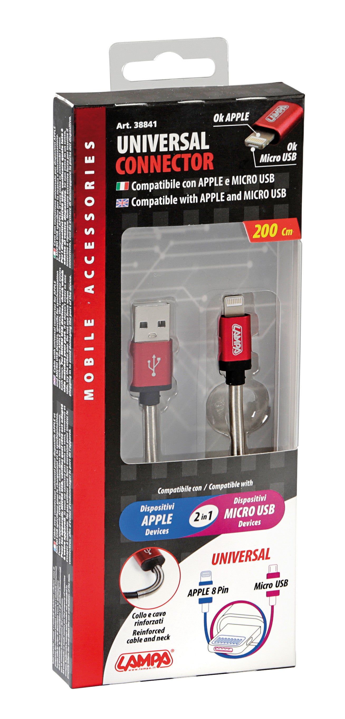 Cavo Universal, Usb > Apple 8 pin / Micro Usb - 200 cm - Nero