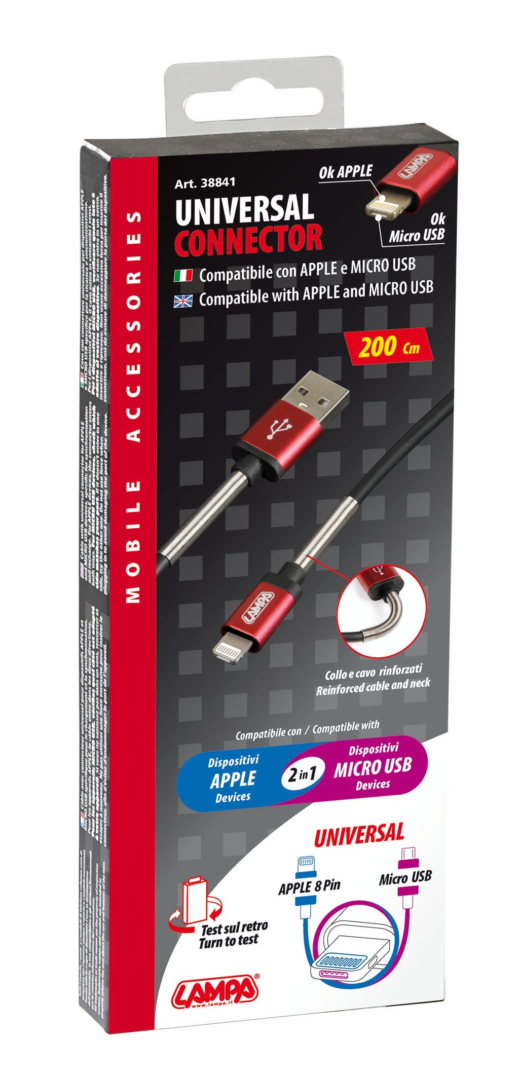 Cavo Universal, Usb > Apple 8 pin / Micro Usb - 200 cm - Nero