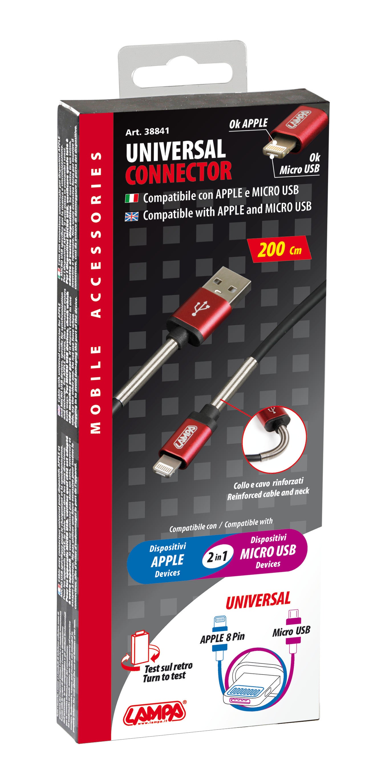 Cavo Universal, Usb > Apple 8 pin / Micro Usb - 200 cm - Nero