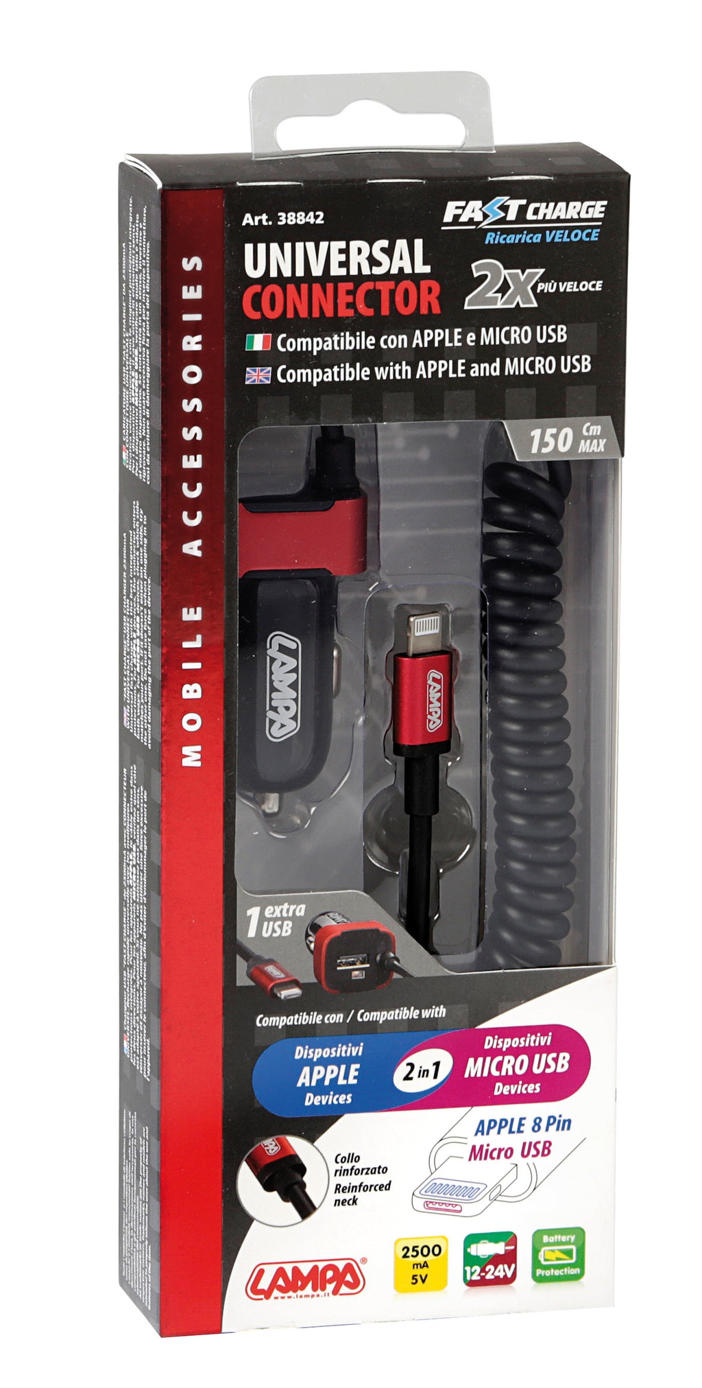 Caricabatteria Universal (Apple 8 pin / Micro Usb) con 1 porta Usb - Fast Charge - 2500 mA - 12/24V