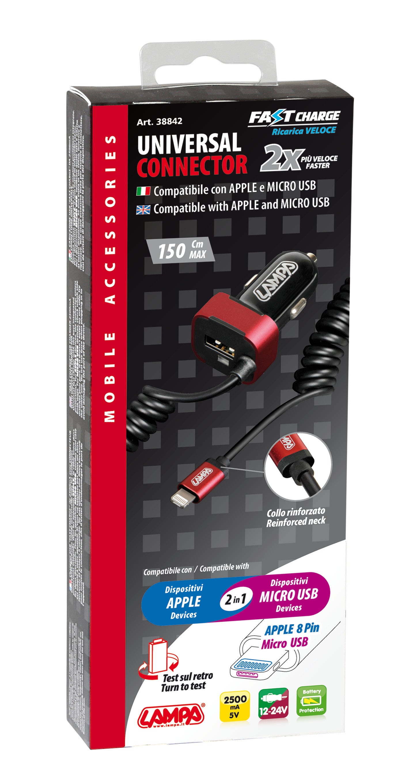 Caricabatteria Universal (Apple 8 pin / Micro Usb) con 1 porta Usb - Fast Charge - 2500 mA - 12/24V
