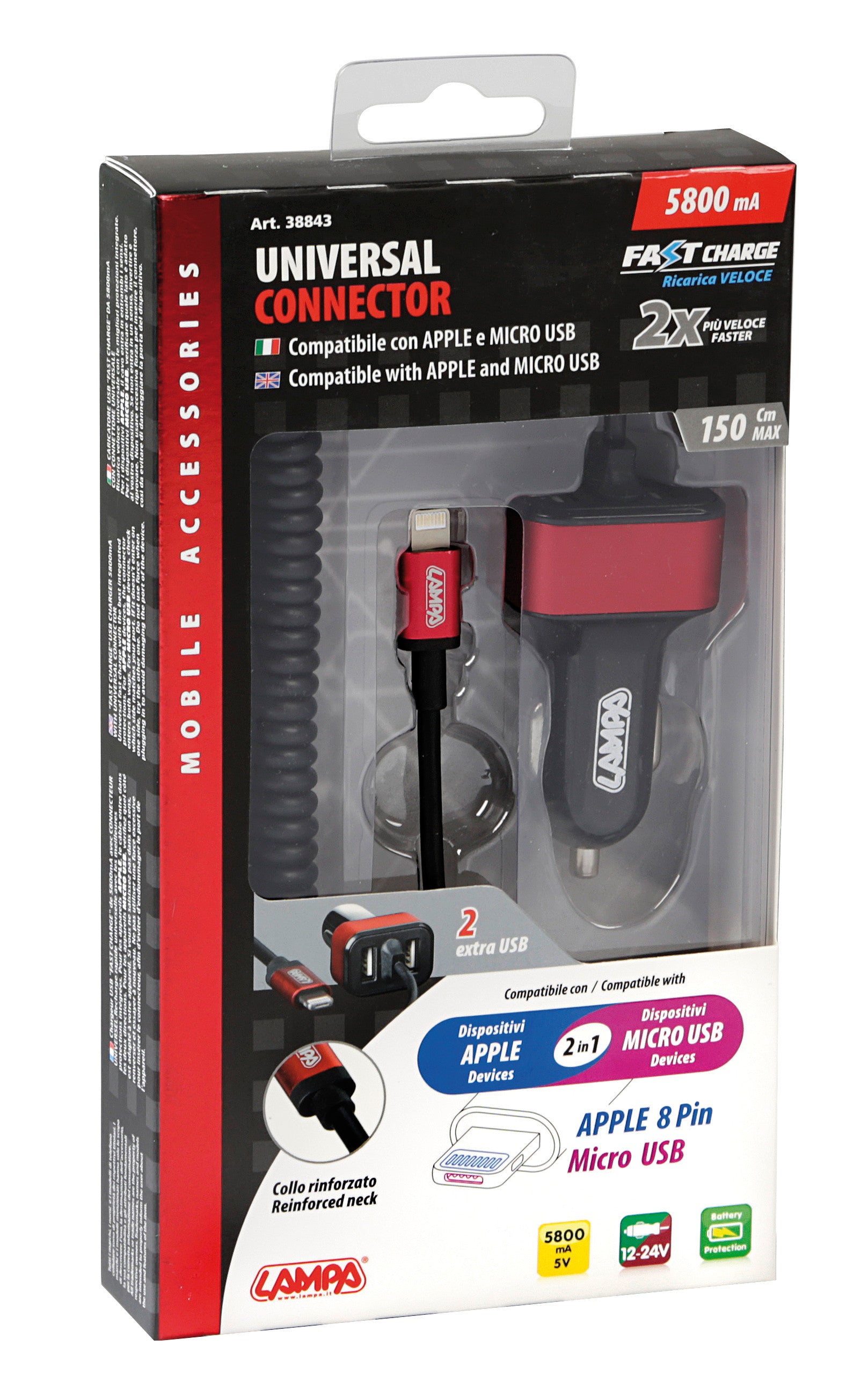 Caricabatteria Universal (Apple 8 pin / Micro Usb) con 2 porte Usb - Fast Charge - 5800 mA - 12/24V