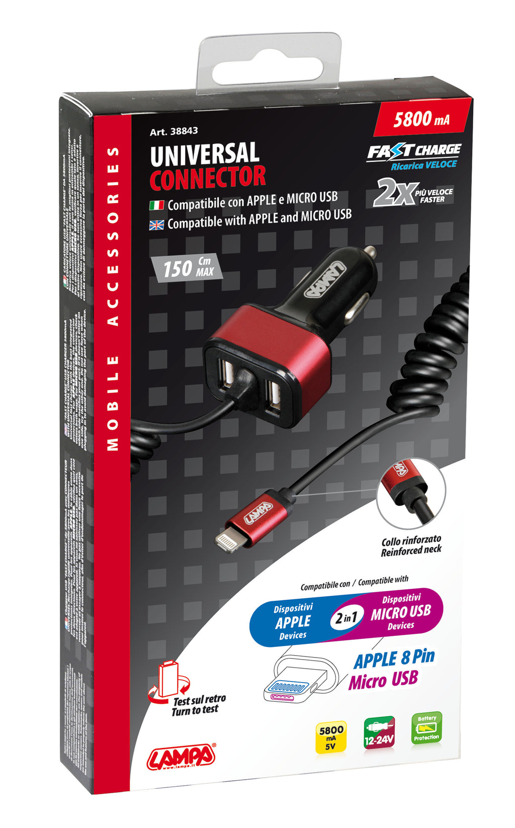 Caricabatteria Universal (Apple 8 pin / Micro Usb) con 2 porte Usb - Fast Charge - 5800 mA - 12/24V