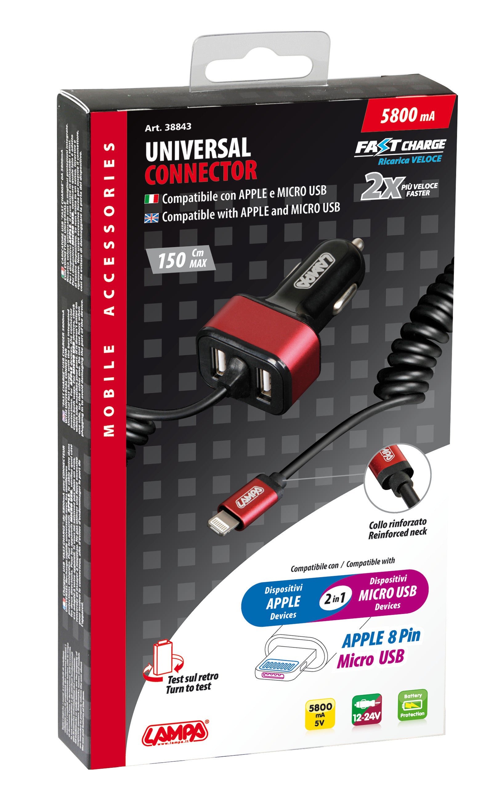 Caricabatteria Universal (Apple 8 pin / Micro Usb) con 2 porte Usb - Fast Charge - 5800 mA - 12/24V