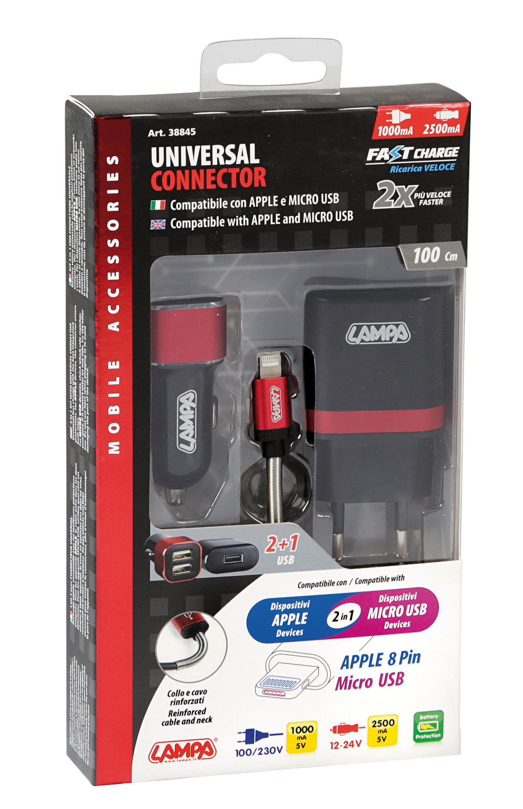 Kit 3 in 1 Universal (Apple 8 pin / Micro Usb) - Fast Charge - 12/24V + 230V