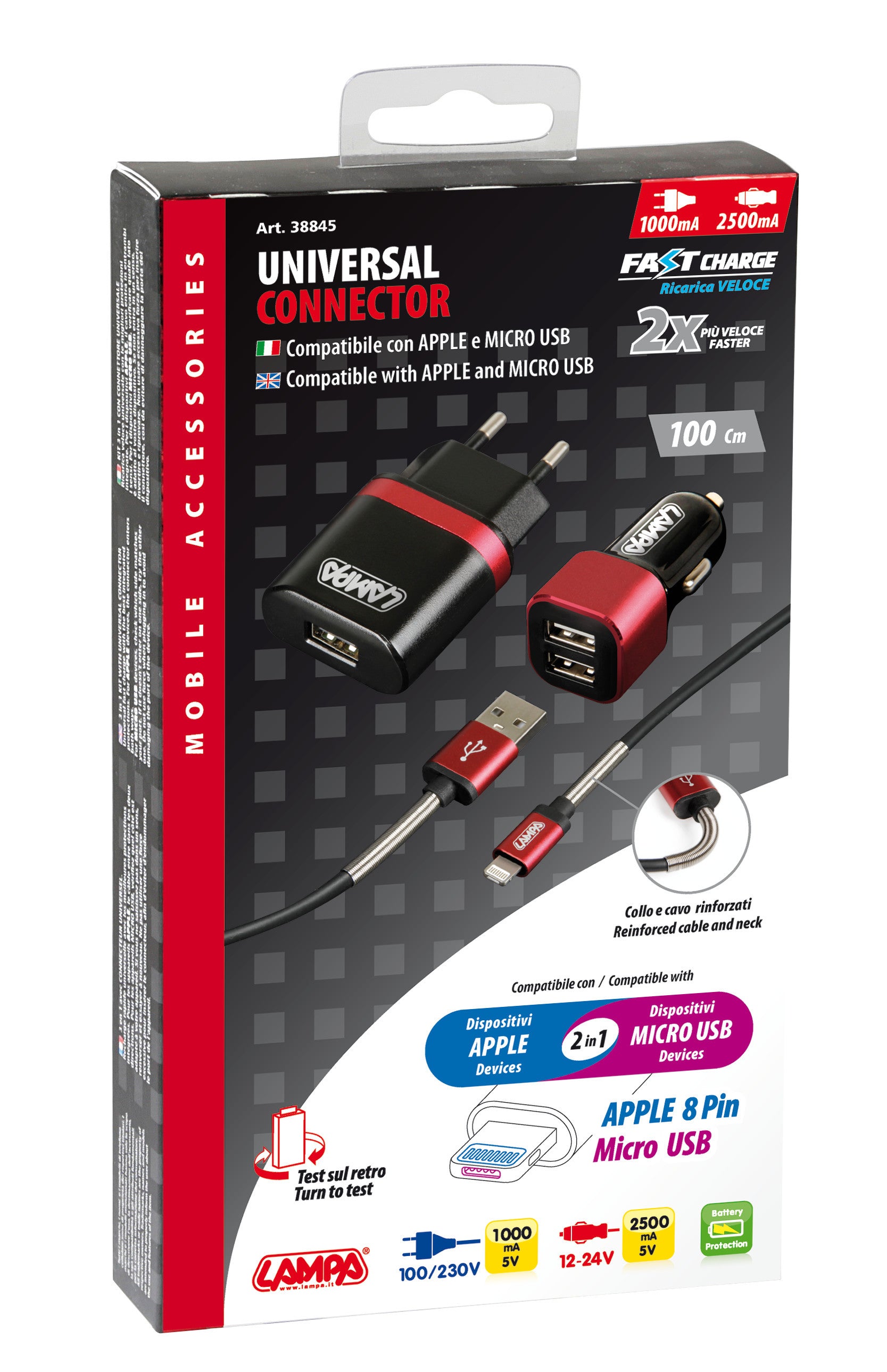 Kit 3 in 1 Universal (Apple 8 pin / Micro Usb) - Fast Charge - 12/24V + 230V
