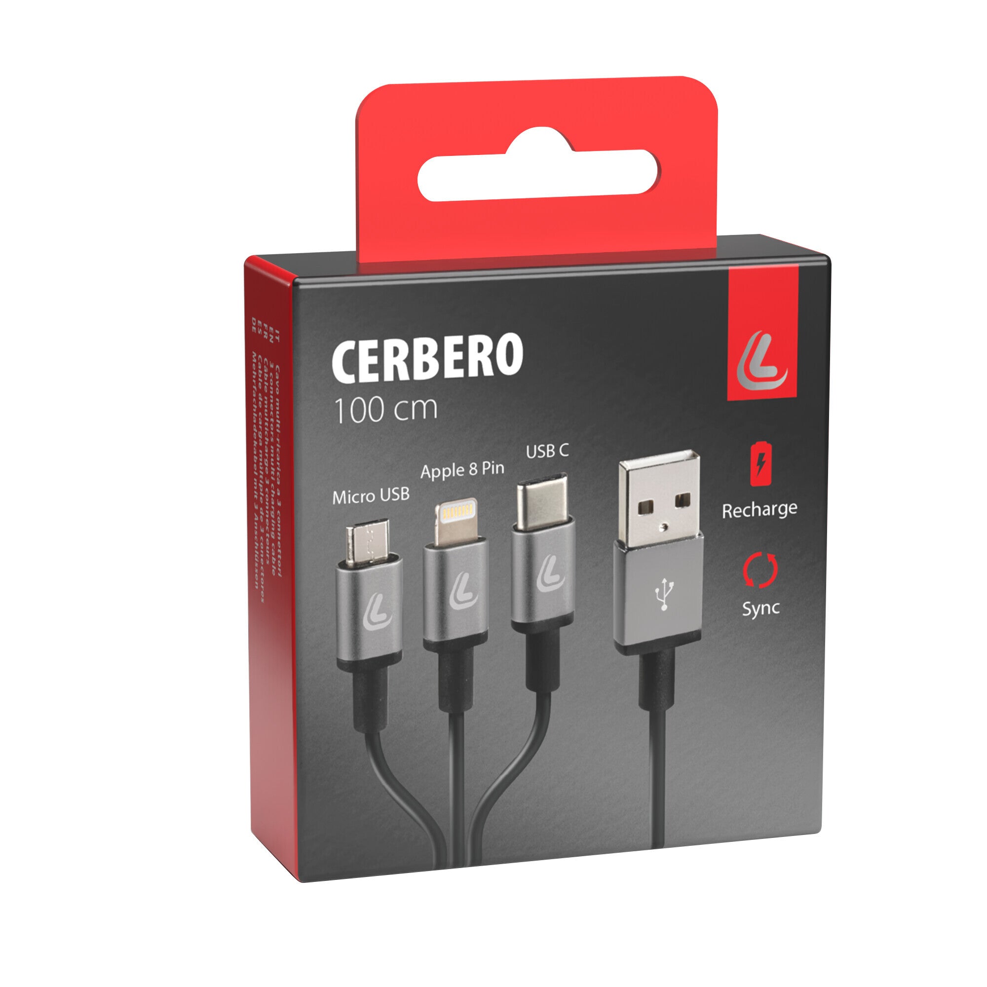 Cerbero, cavo ricarica con 3 connettori - 100 cm - Nero
