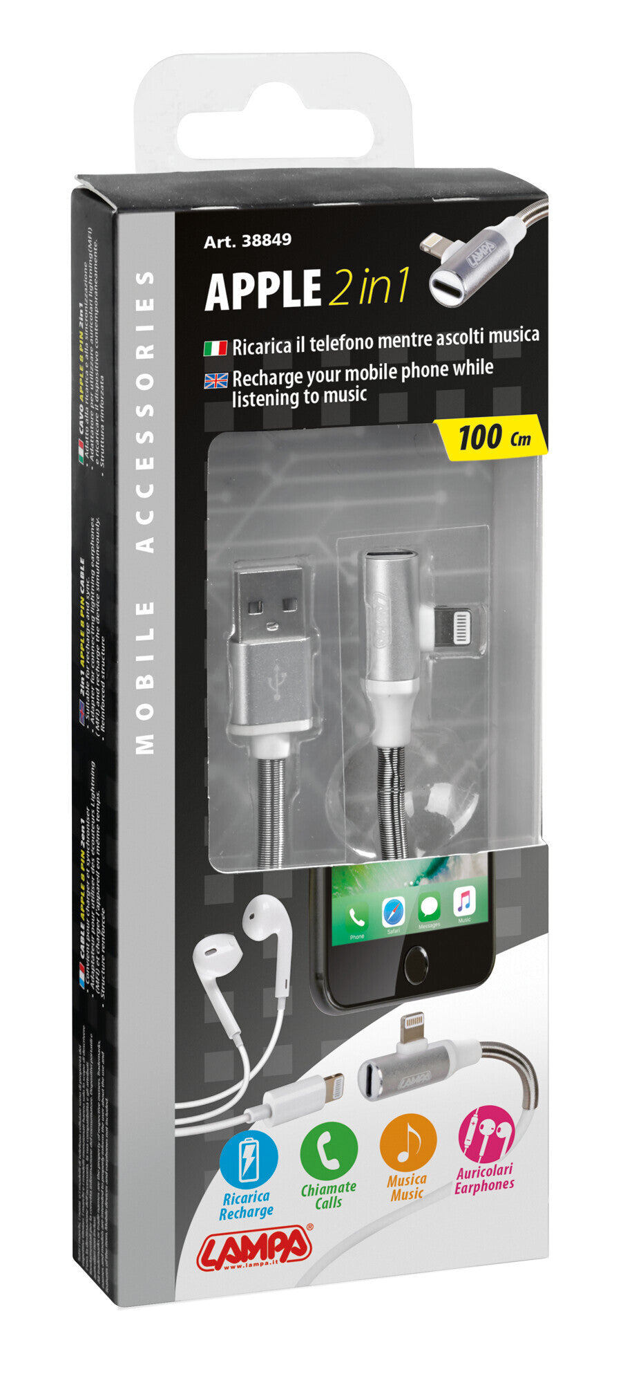Cavo 90° Usb > Apple 8 Pin + adattatore auricolari - 100 cm - Bianco