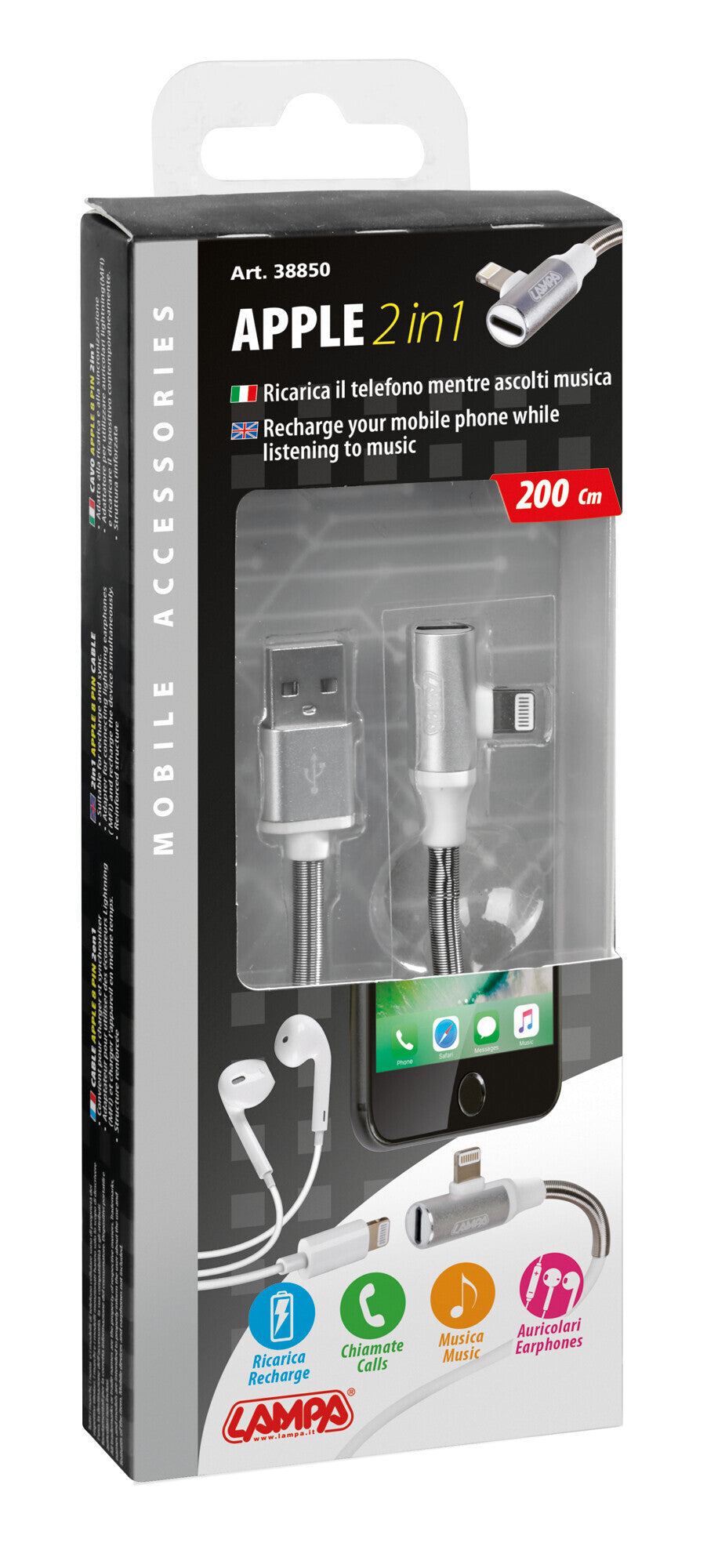 Cavo 90° Usb > Apple 8 Pin + adattatore auricolari - 200 cm - Bianco