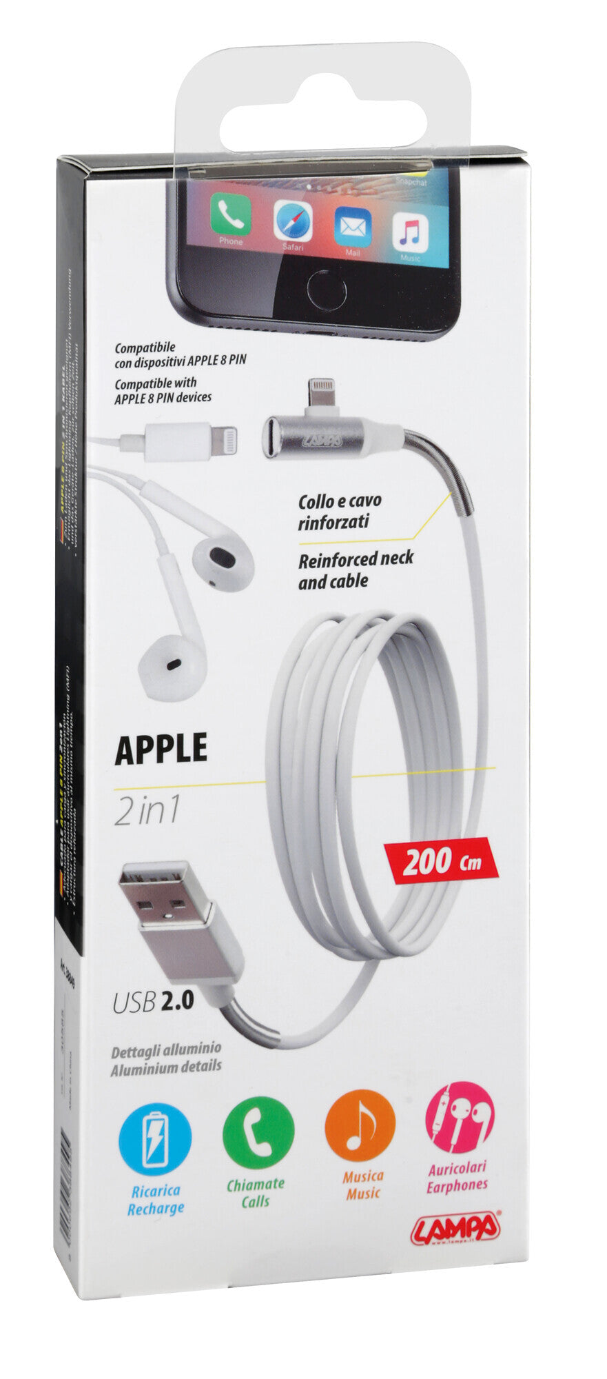 Cavo 90° Usb > Apple 8 Pin + adattatore auricolari - 200 cm - Bianco