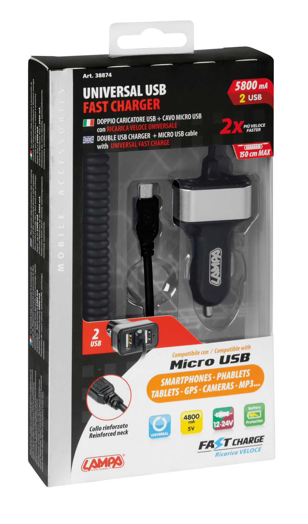 Caricabatteria Micro Usb con 2 porte Usb - Fast Charge - 5800 mA - 12/24V