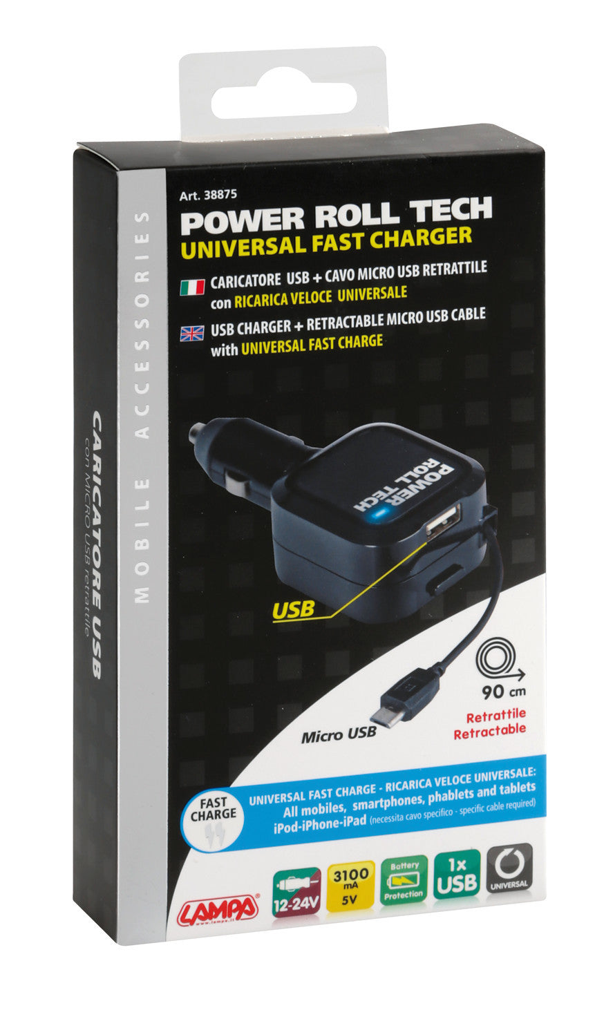 Caricabatteria Micro Usb con 1 porta Usb - Fast Charge - 3100 mA - 12/24V