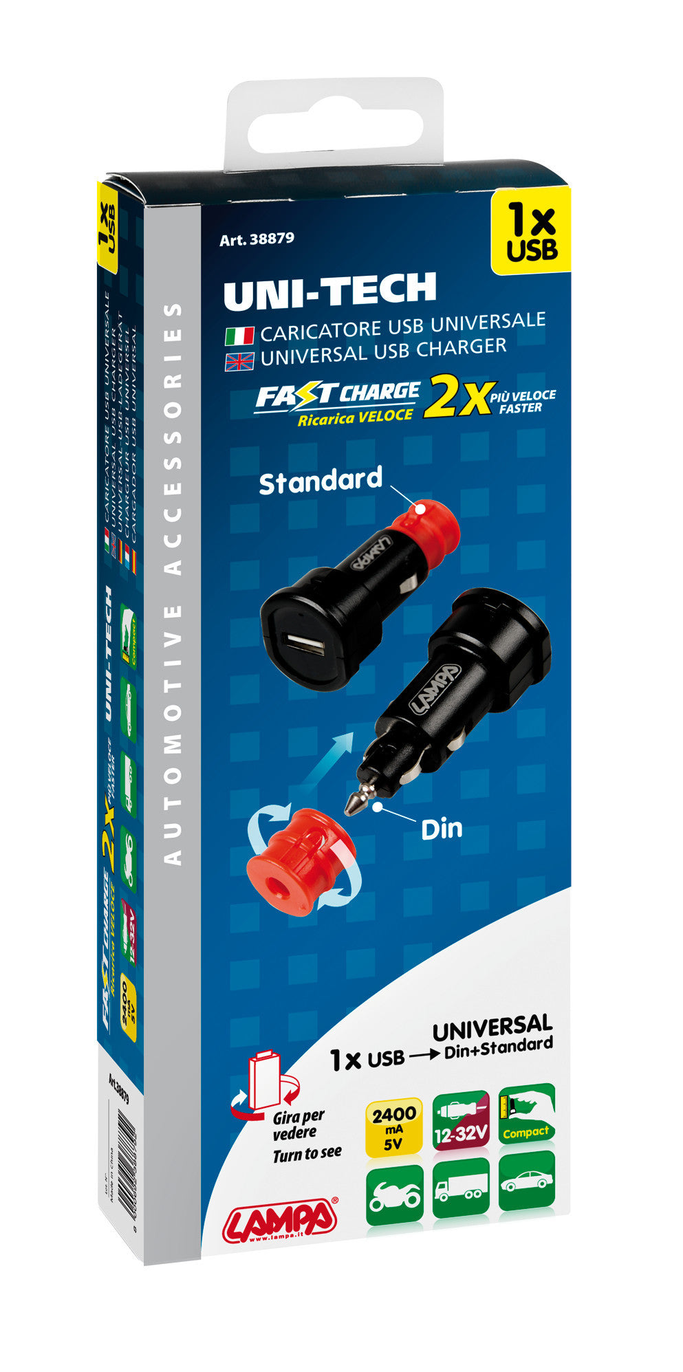 Uni-Tech, caricabatteria universale 1 porta Usb - Fast Charge - 2400 mA - 12/32V
