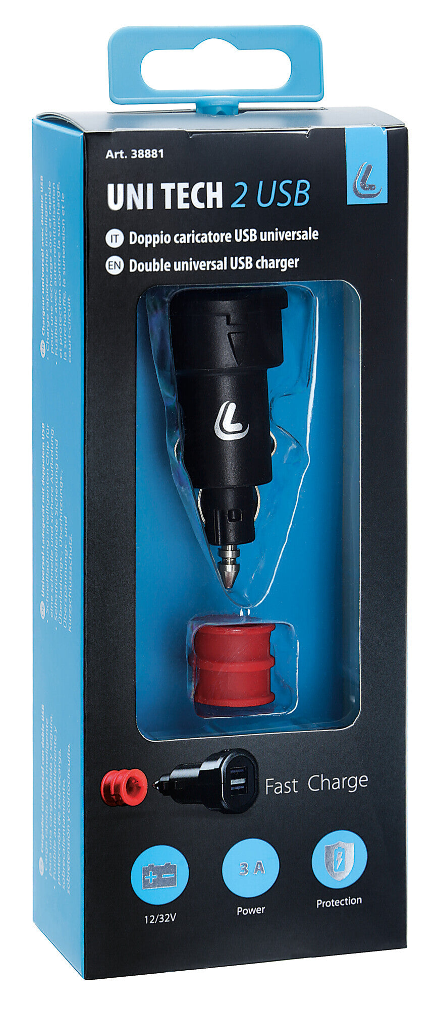 Uni-Tech, caricabatteria universale 2 porte Usb - Fast Charge - 2700 mA - 12/32V