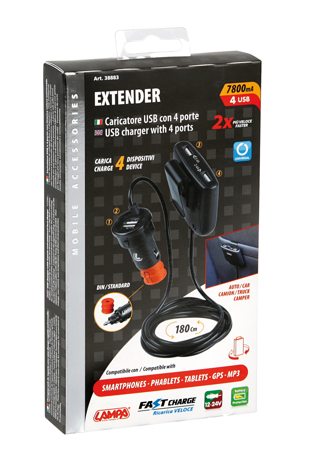 Caricabatteria 4 porte Usb con prolunga - Fast Charge - 7800 mA - 12/24V