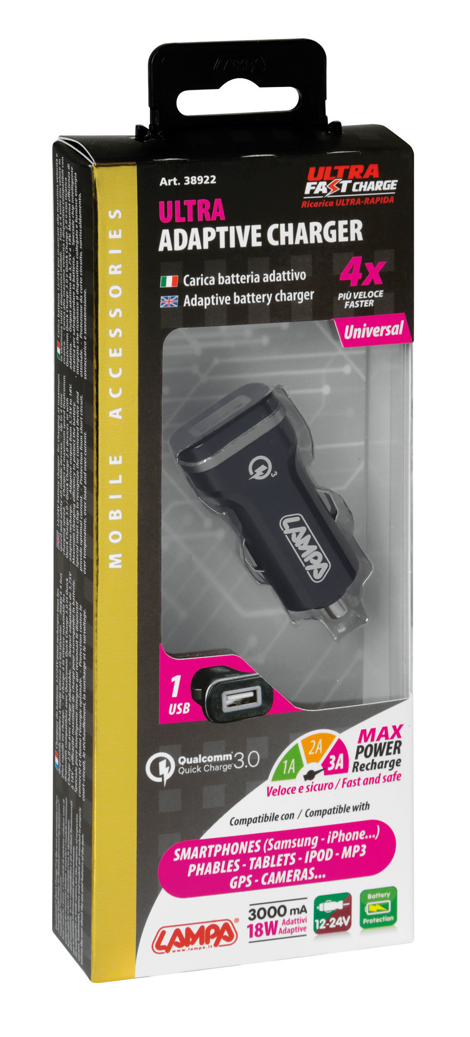 Caricabatteria 1 porta Usb - Qualcomm Quick Charge - 3000 mA - 12/24V