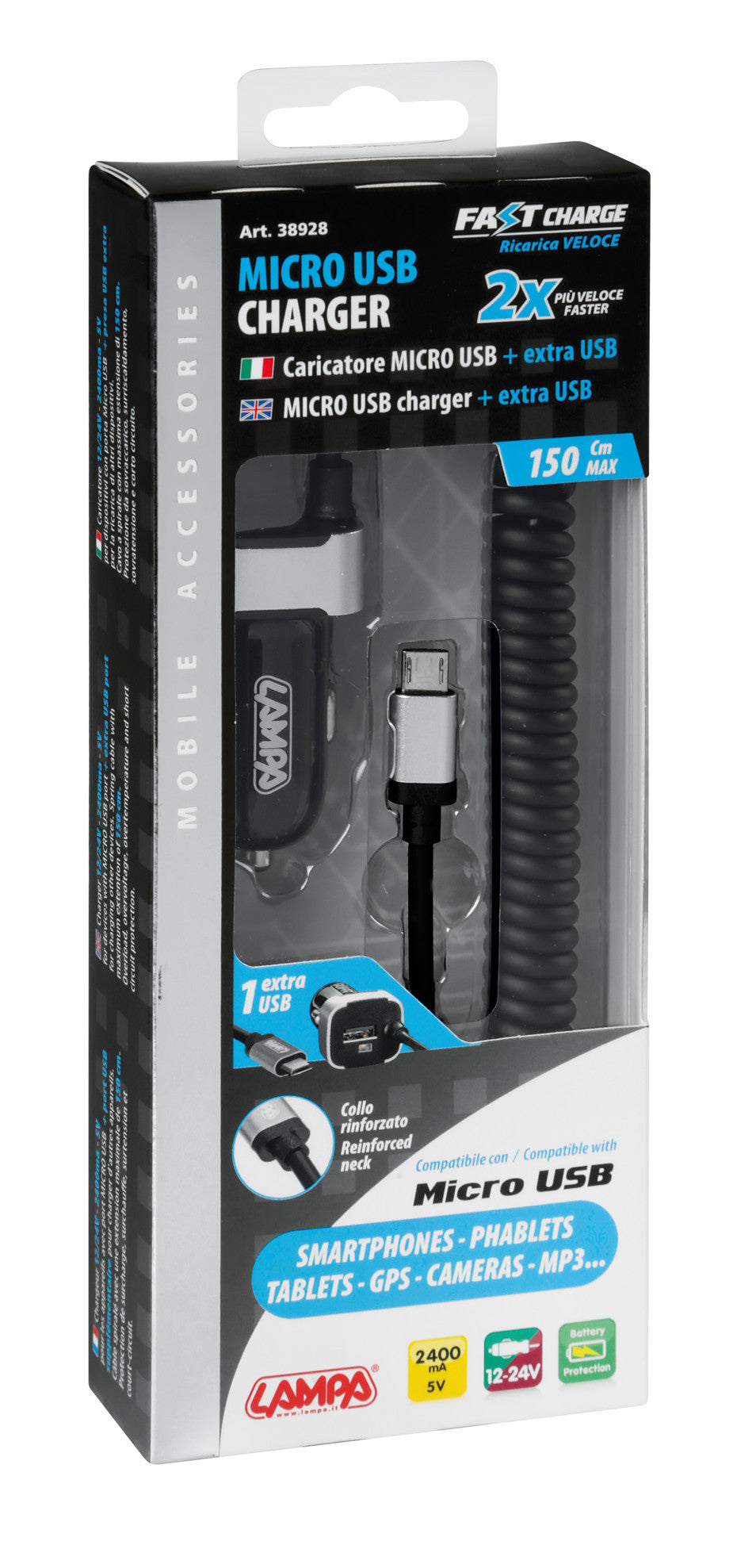 Caricabatteria Micro Usb con 1 porta Usb - Fast Charge - 2400 mA - 12/24V