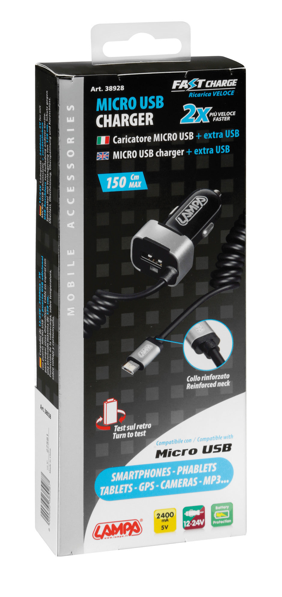 Caricabatteria Micro Usb con 1 porta Usb - Fast Charge - 2400 mA - 12/24V